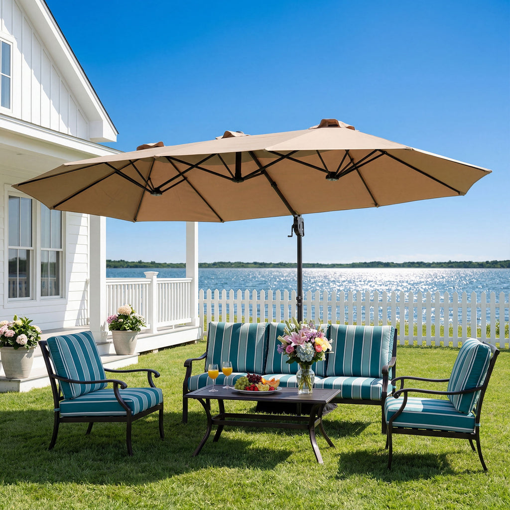 MOALCOFER 15 x 9 FT Double Sided Patio Umbrella with Base Included, Outdoor Rectangular Market Umbrella with Crank Lift, 12 Reinforced Ribs， Khaki