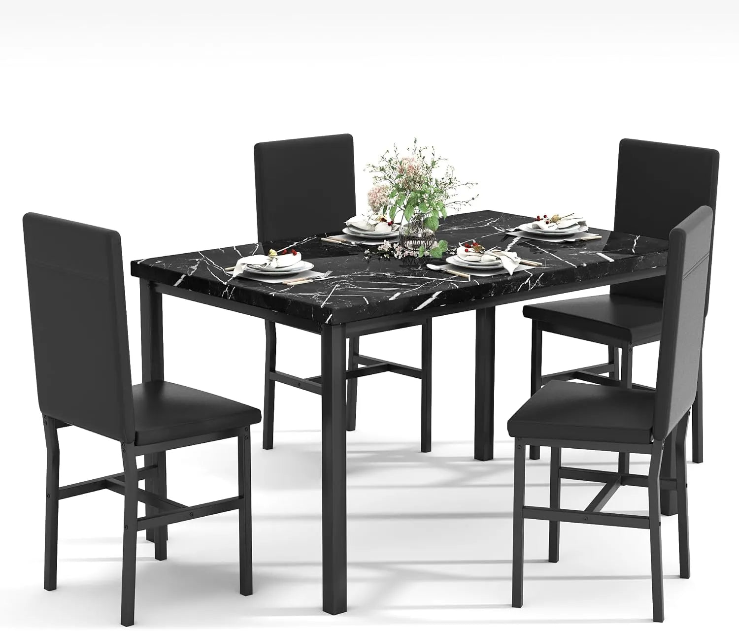 MOOSENG Dining Table Set for 4, Faux Marble Kitchen Table and Chairs Set of 4, 5-Piece Dining Room Set with PU Leather Upholstered Chairs for Small Space, Gray