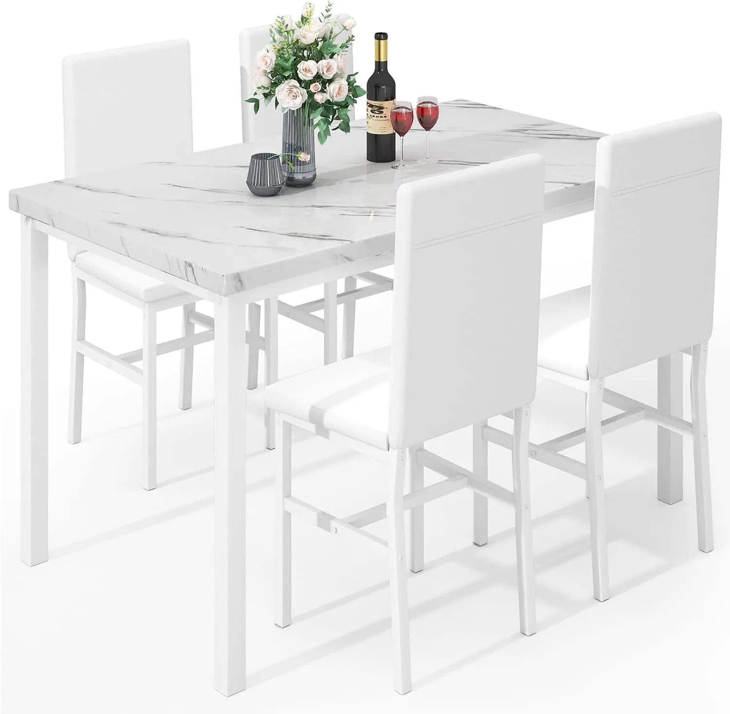 MOOSENG Dining Table Set for 4, Faux Marble Kitchen Table and Chairs Set of 4, 5-Piece Dining Room Set with PU Leather Upholstered Chairs for Small Space, Gray