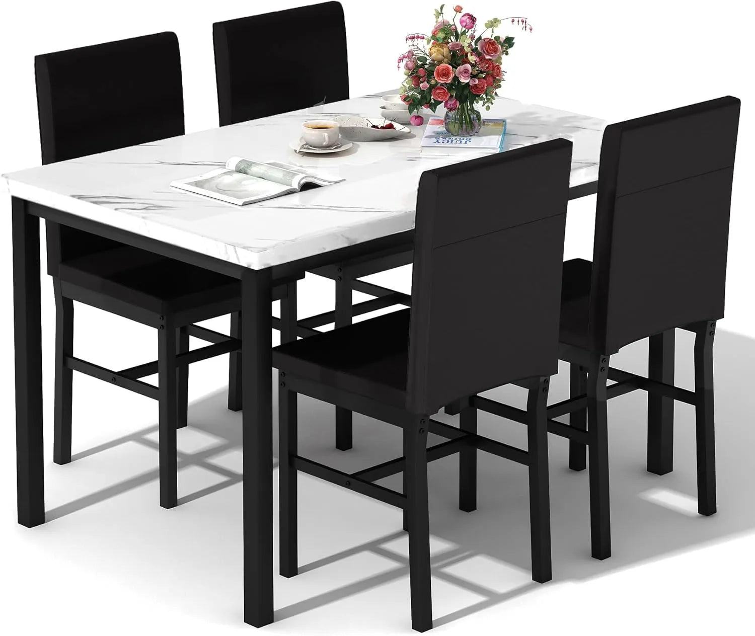 MOOSENG Dining Table Set for 4, Faux Marble Kitchen Table and Chairs Set of 4, 5-Piece Dining Room Set with PU Leather Upholstered Chairs for Small Space, Gray