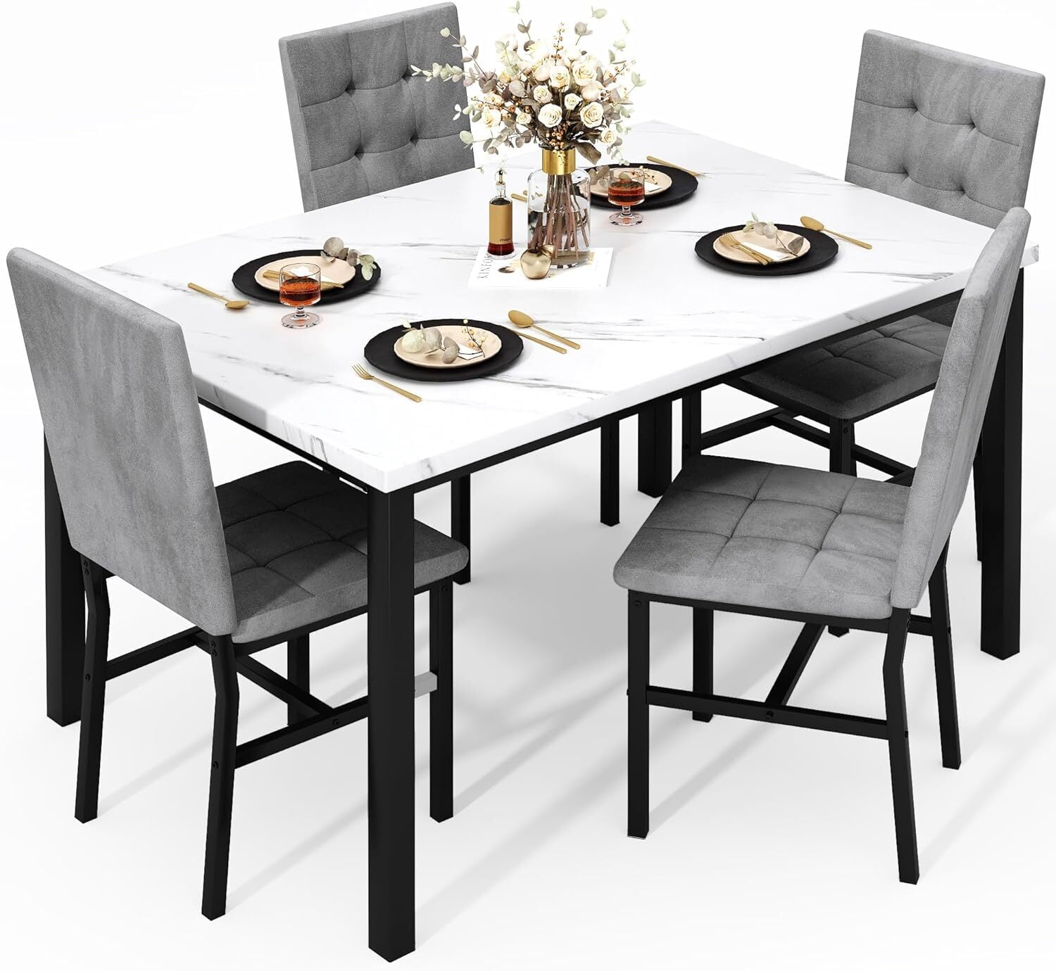 MOOSENG 5-Piece Dining Table Set with Faux Marble Top, Modern Kitchen Table and Set of 4 Grey Velvet Upholstered Chairs, Space-Saving Dinette Set for Small Spaces