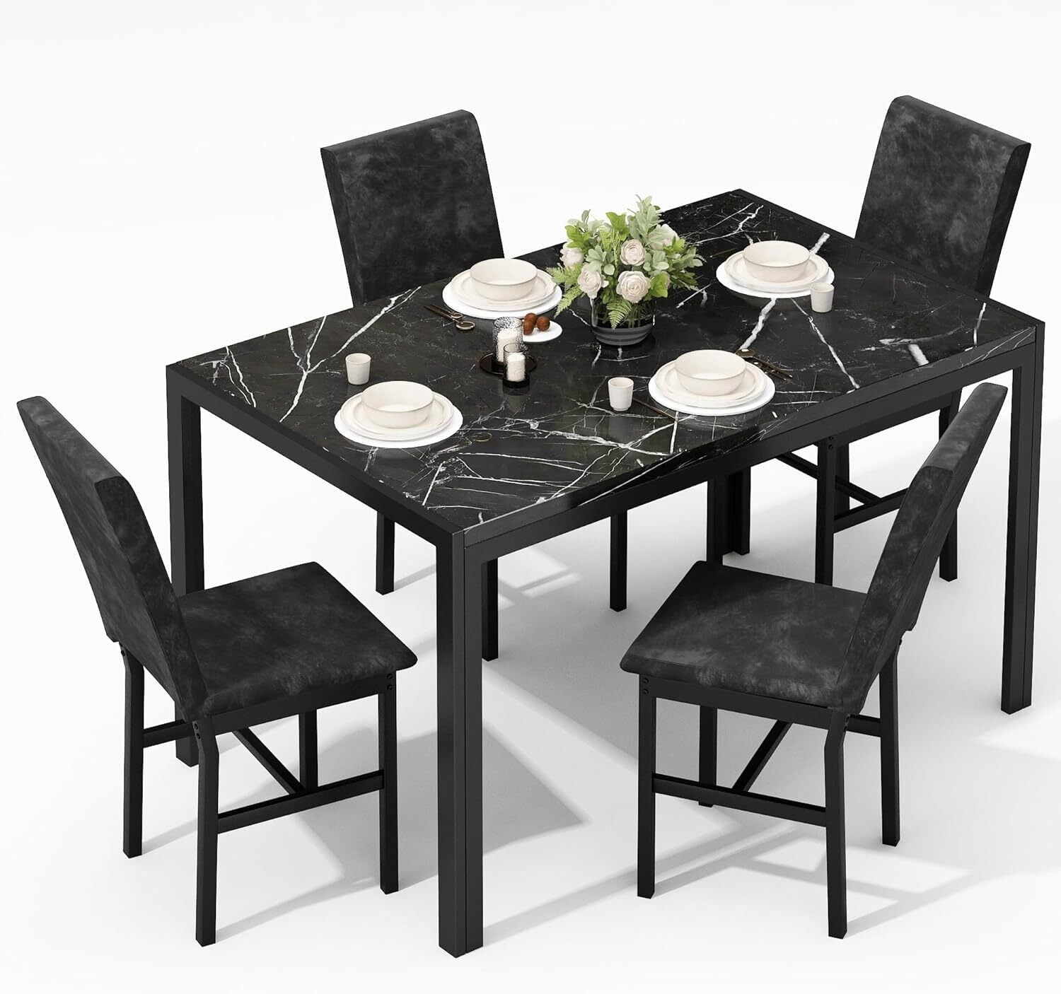 MOOSENG 5-Piece Dining Table Set with Faux Marble Top, Modern Kitchen Table and Set of 4 Grey Velvet Upholstered Chairs, Space-Saving Dinette Set for Small Spaces
