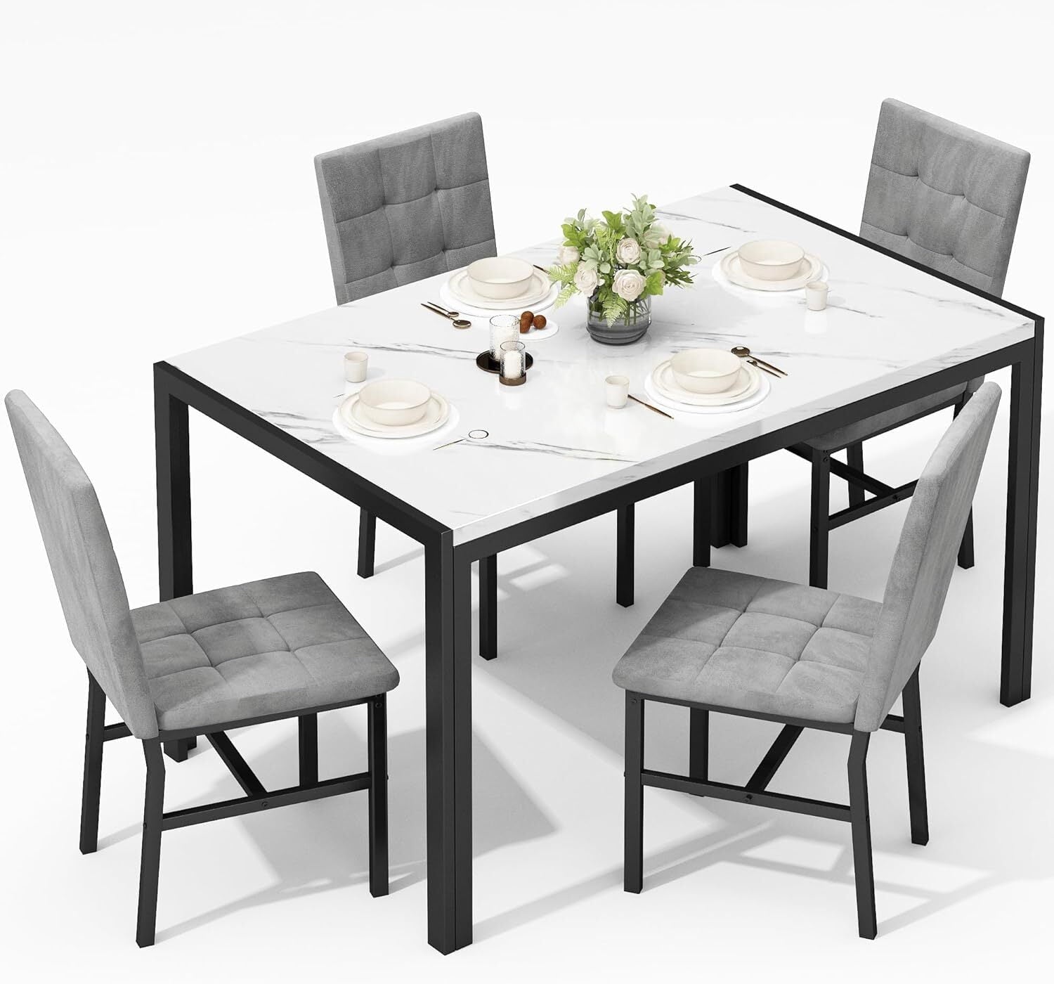 MOOSENG 5-Piece Dining Table Set with Faux Marble Top, Modern Kitchen Table and Set of 4 Grey Velvet Upholstered Chairs, Space-Saving Dinette Set for Small Spaces
