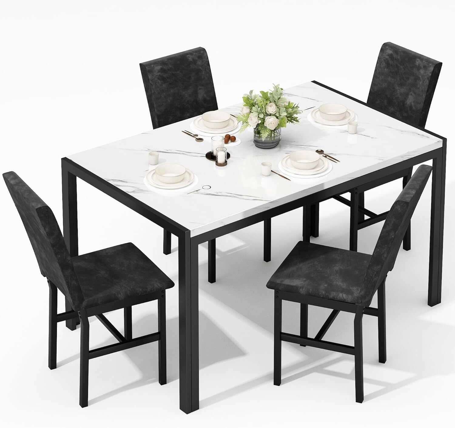 MOOSENG 5-Piece Dining Table Set with Faux Marble Top, Modern Kitchen Table and Set of 4 Grey Velvet Upholstered Chairs, Space-Saving Dinette Set for Small Spaces