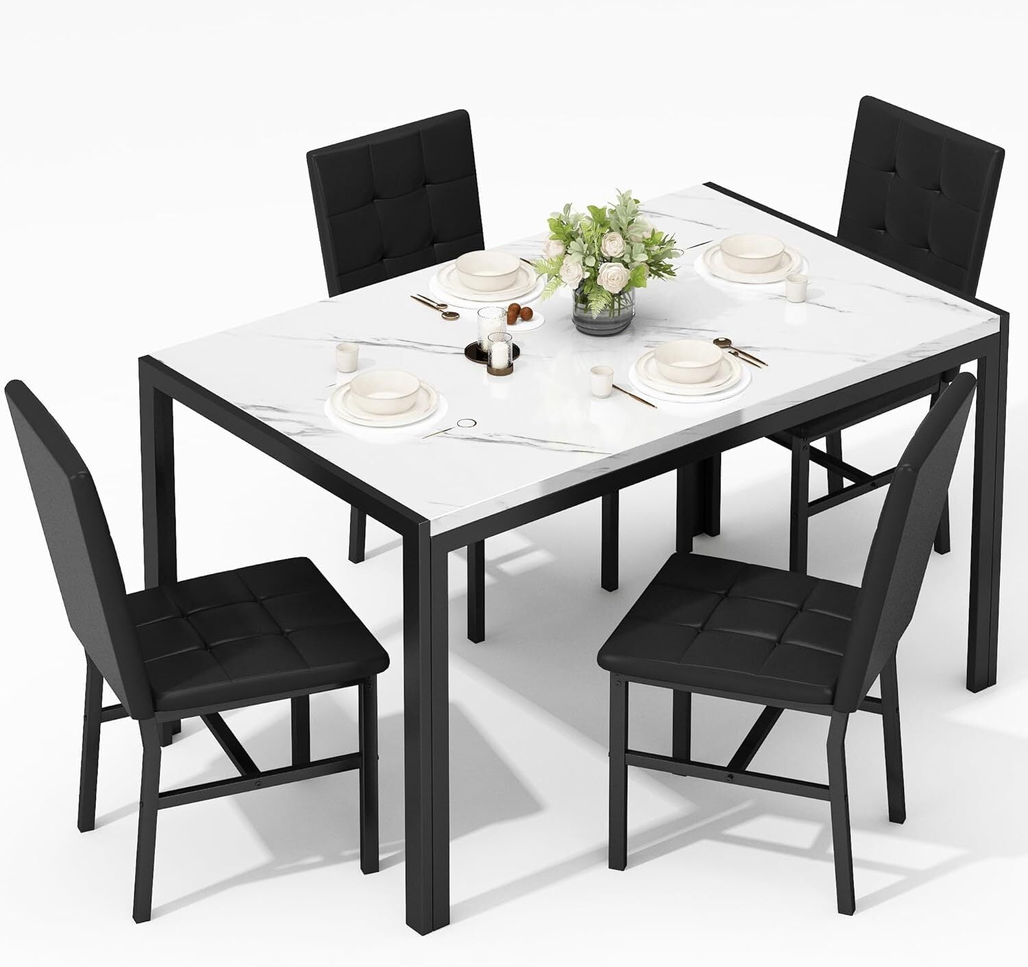 MOOSENG 5-Piece Dining Table Set with Faux Marble Top, Modern Kitchen Table and Set of 4 Grey Velvet Upholstered Chairs, Space-Saving Dinette Set for Small Spaces