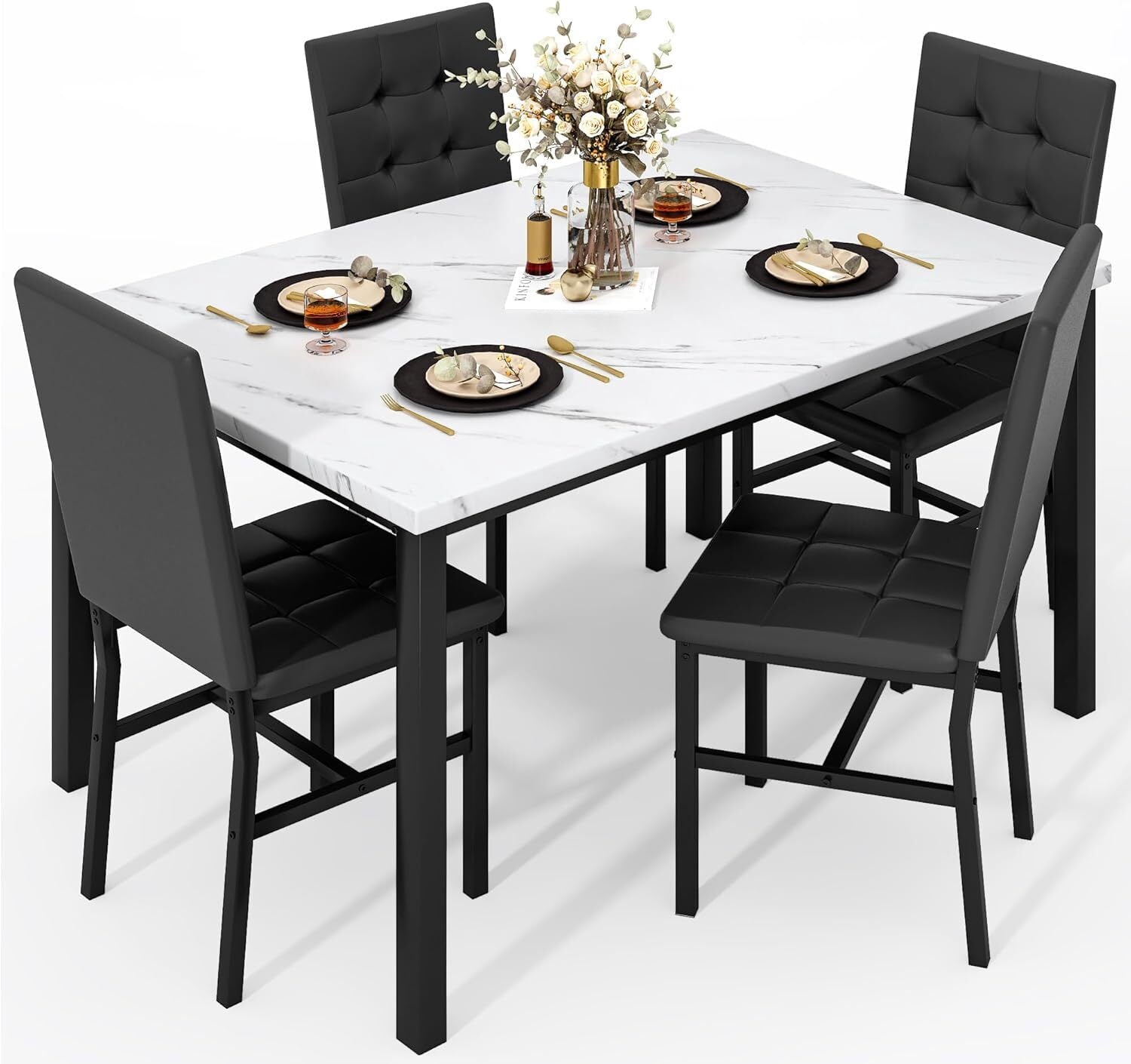 MOOSENG 5-Piece Dining Table Set with Faux Marble Top, Modern Kitchen Table and Set of 4 Grey Velvet Upholstered Chairs, Space-Saving Dinette Set for Small Spaces