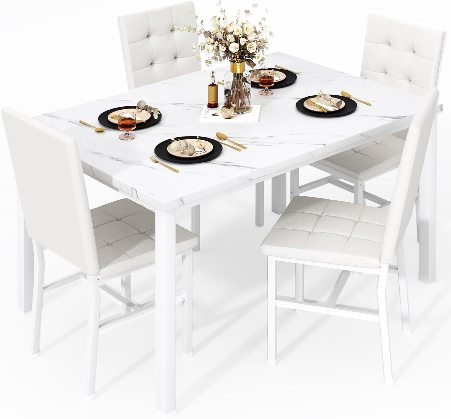 MOOSENG 5-Piece Dining Table Set with Faux Marble Top, Modern Kitchen Table and Set of 4 Grey Velvet Upholstered Chairs, Space-Saving Dinette Set for Small Spaces