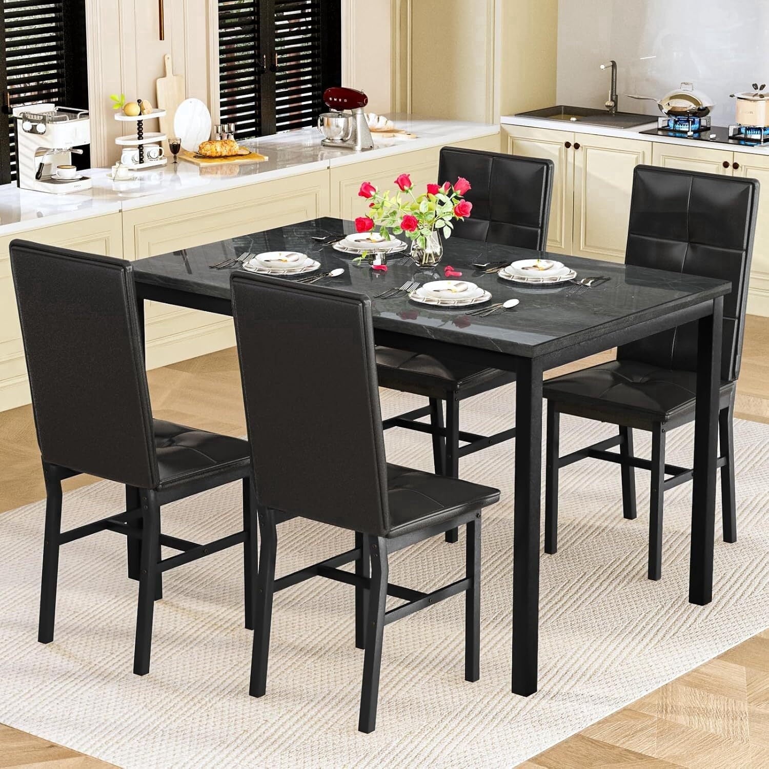 MOOSENG Dining Table Set for 4, Faux Marble Kitchen Table and Chairs Set of 4, 5-Piece Dining Room Set with PU Leather Upholstered Chairs for Small Space, Gray