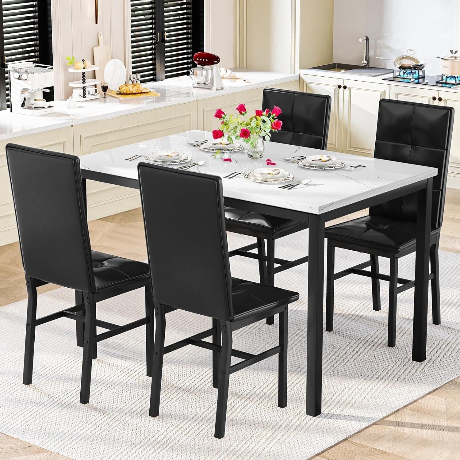 MOOSENG Dining Table Set for 4, Faux Marble Kitchen Table and Chairs Set of 4, 5-Piece Dining Room Set with PU Leather Upholstered Chairs for Small Space, Gray