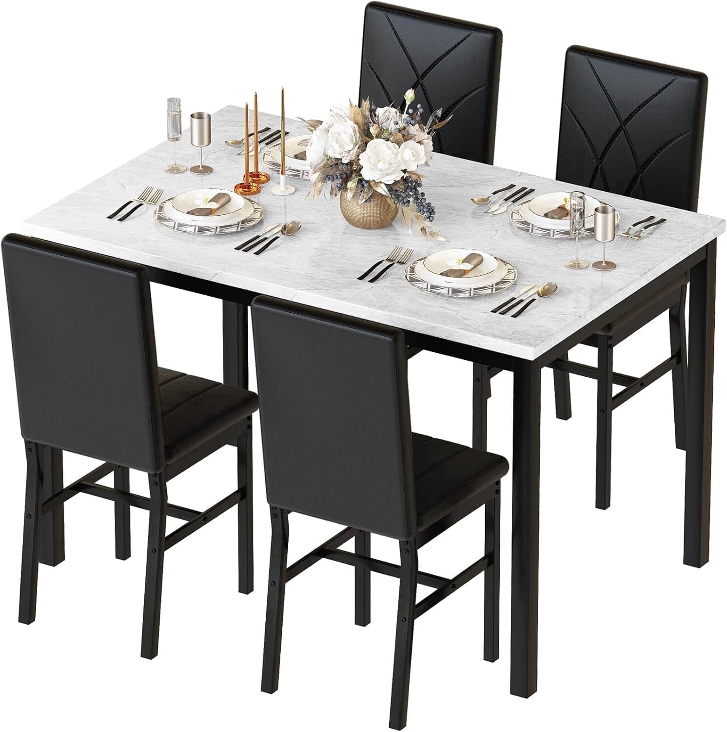MOOSENG Dining Table Set for 4, Faux Marble Kitchen Table and Chairs Set of 4, 5-Piece Dining Room Set with PU Leather Upholstered Chairs for Small Space, Gray
