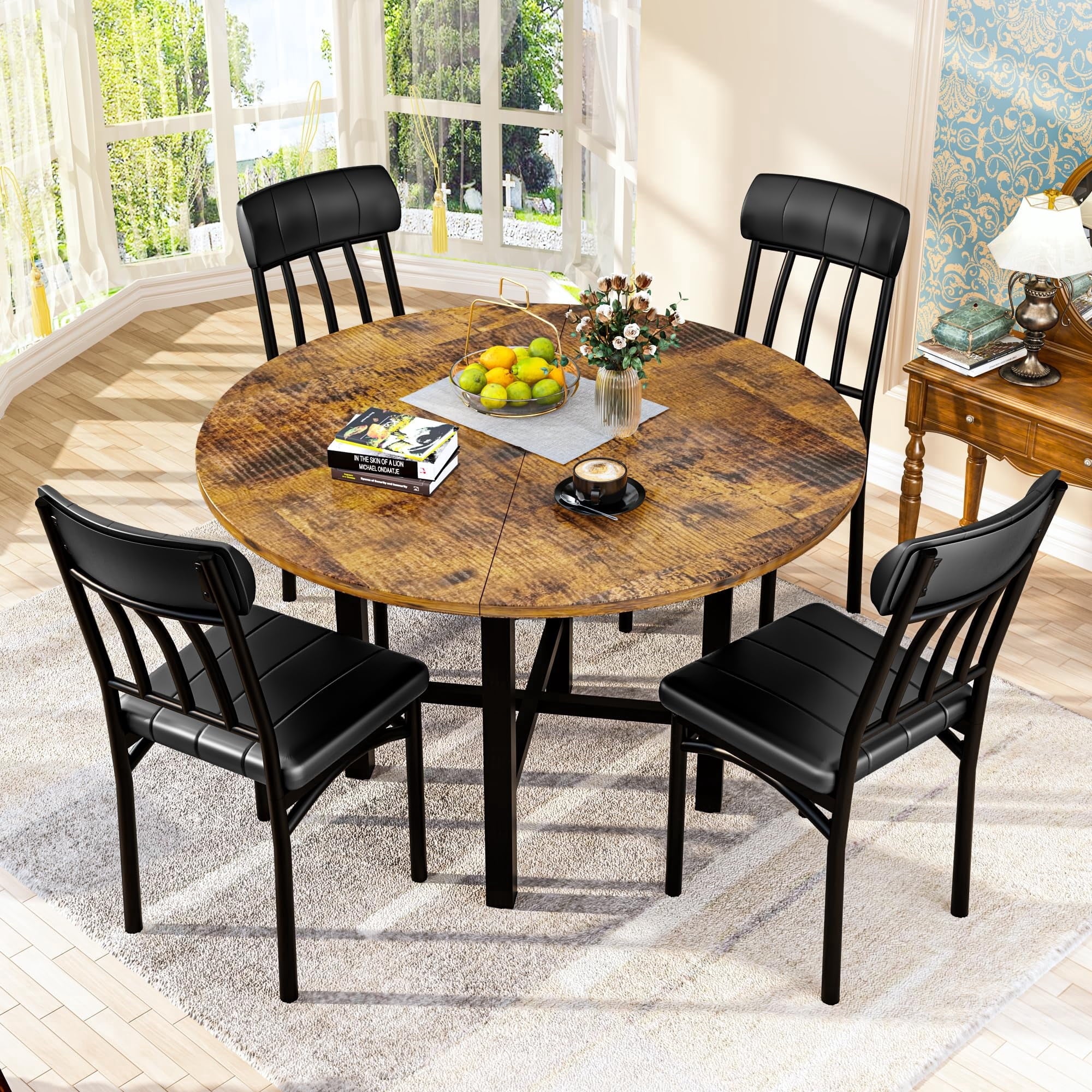 MOOSENG Round Dining Table Set for 4,Faux Marble Circle Dining Table Set with Chairs,Modern Kitchen Table and Chairs Set for 4,Round Dinner Table & Chair Set for Small Space