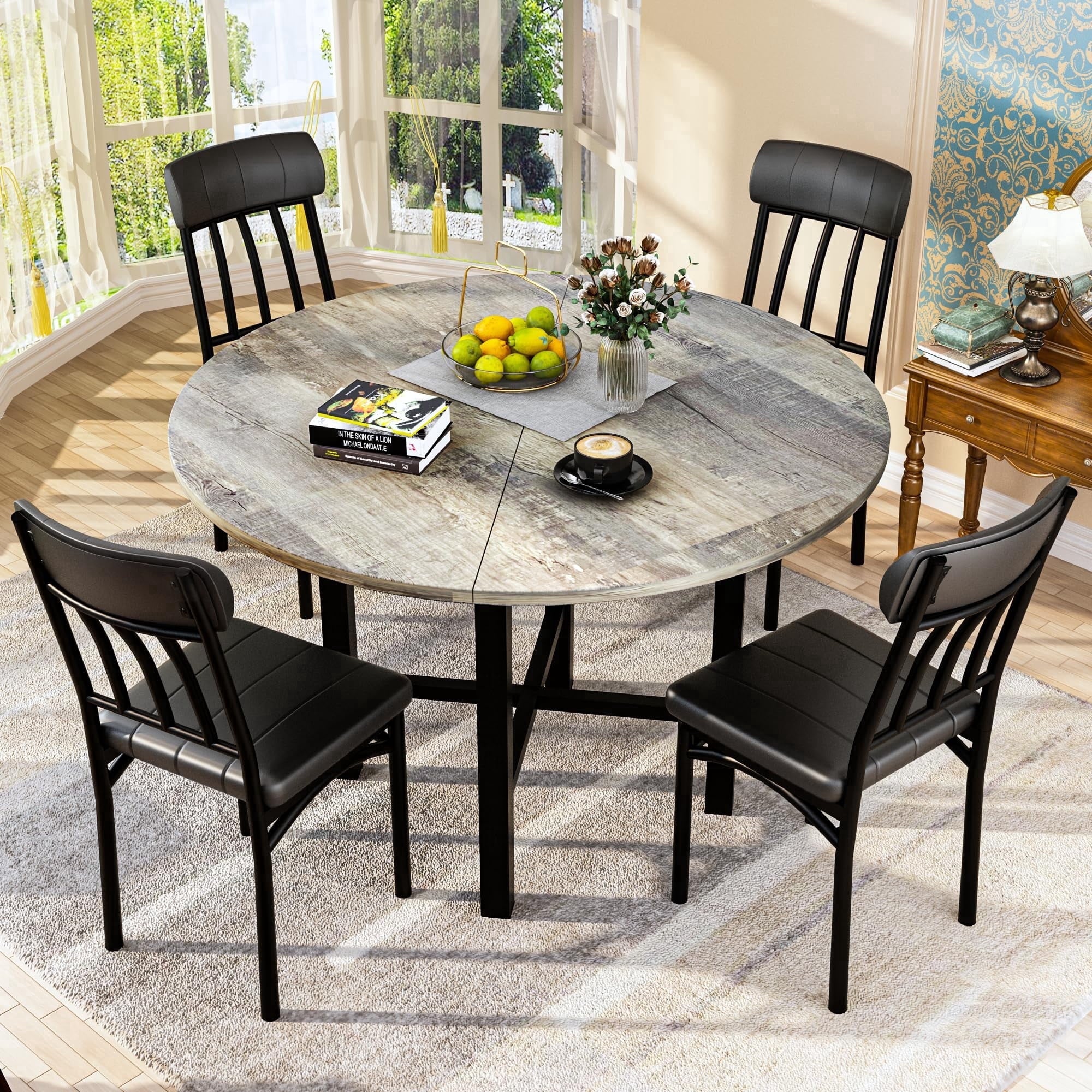MOOSENG Round Dining Table Set for 4,Faux Marble Circle Dining Table Set with Chairs,Modern Kitchen Table and Chairs Set for 4,Round Dinner Table & Chair Set for Small Space