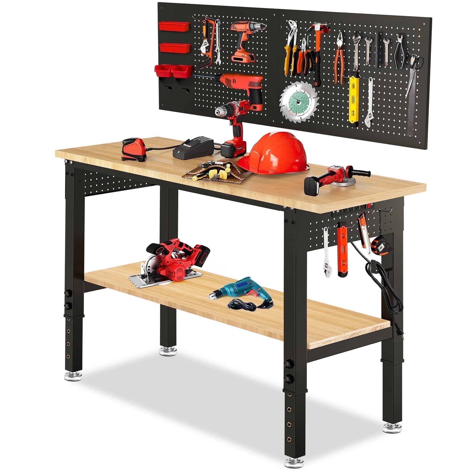 60 inch Workbench for Garage, Heavy-Duty 2 Tier Wood Work Bench with Storage Pegboards, Hooks, Power Outlets, Rubber Wood Tabletop 2000 LBS Load Bearing Workstation Garage Desk Work Table