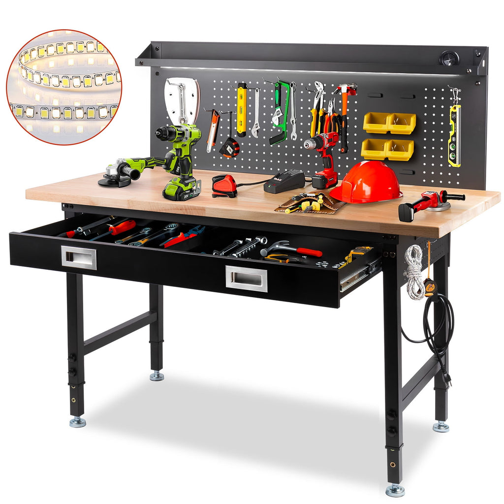 MUWOOD Multifunctional Workbench 60x22 with Pegboard Worktable w/ Power Outlets, LED, Work Bench For Garage max. 1500W Heavy Duty Workbench 2000lbs Weight Capacity