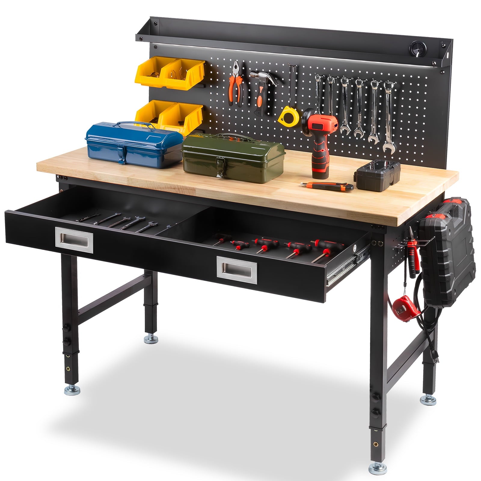 MUWOOD Multifunctional Workbench 60x22 with Pegboard Worktable w/ Power Outlets, LED, Work Bench For Garage max. 1500W Heavy Duty Workbench 2000lbs Weight Capacity