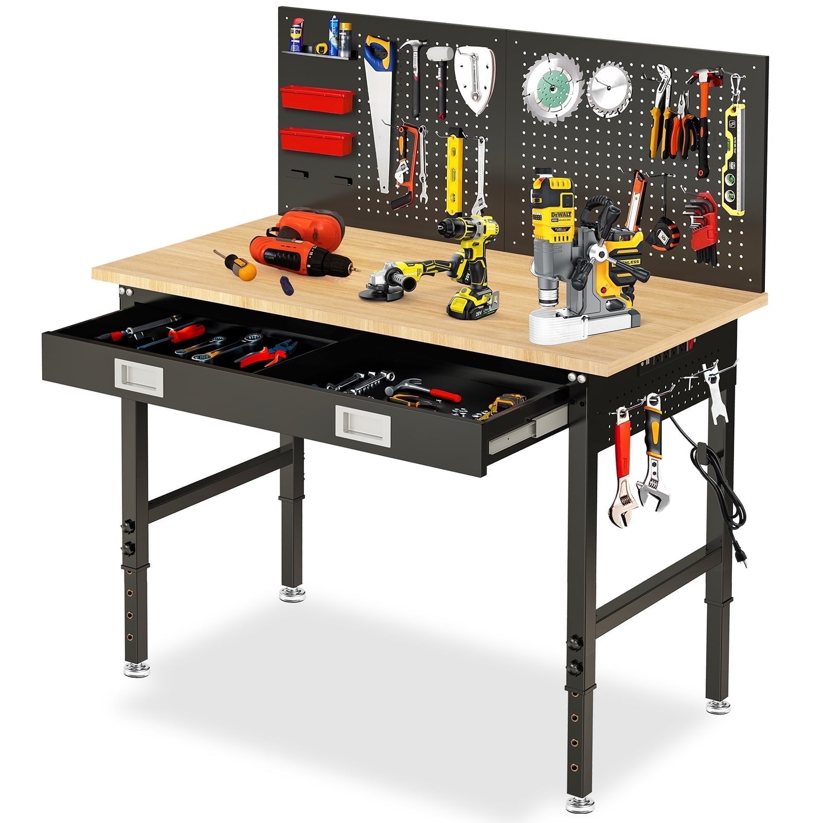 60 inch Workbench for Garage, Heavy-Duty 2 Tier Wood Work Bench with Storage Pegboards, Hooks, Power Outlets, Rubber Wood Tabletop 2000 LBS Load Bearing Workstation Garage Desk Work Table