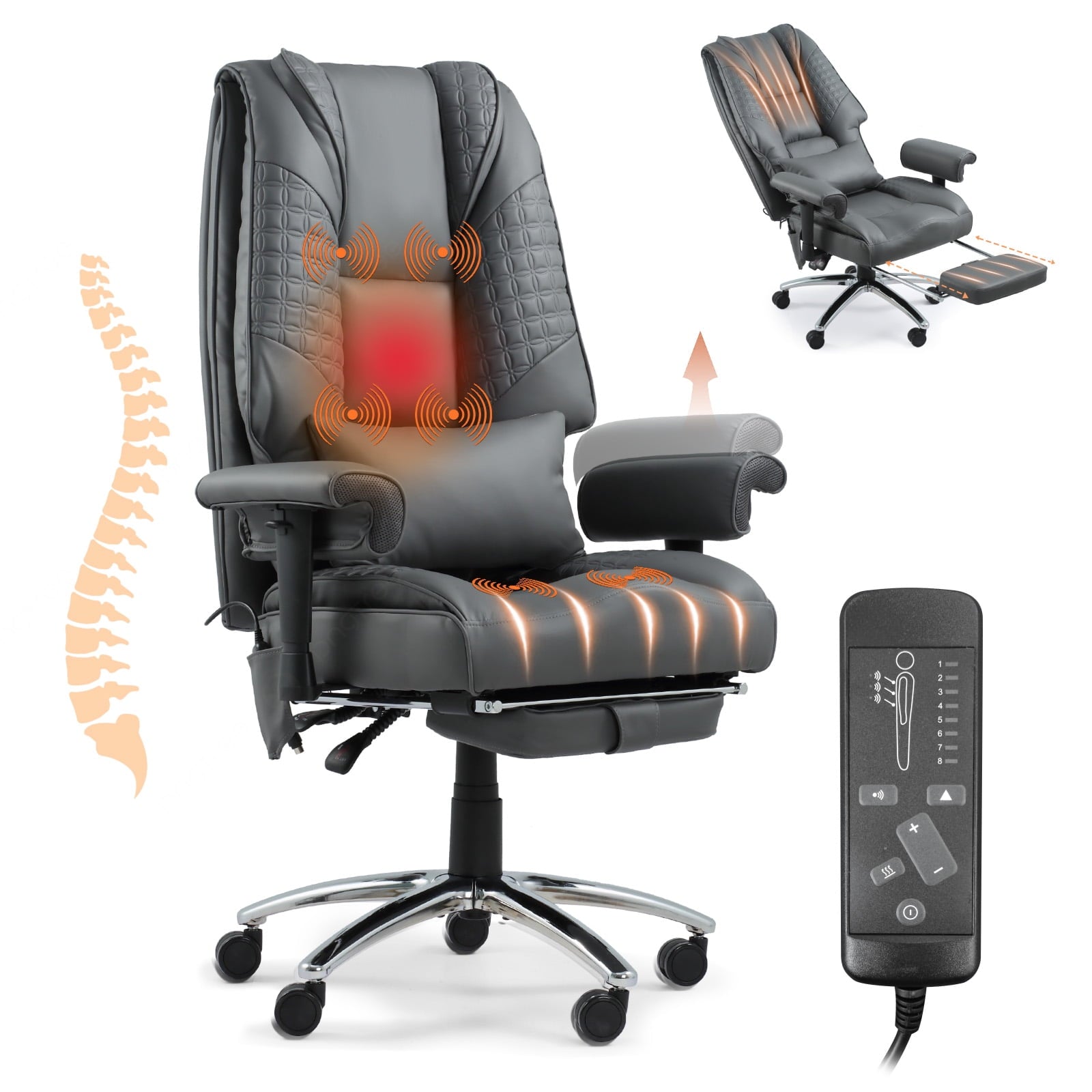 Massage & Heated Office Chair with Foot Rest, Ergonomic Executive Office Chair with Reclining Backrest, Adjustable Arms and Lumbar Support, High Back Leather Desk Chairs for Home Office, Beige