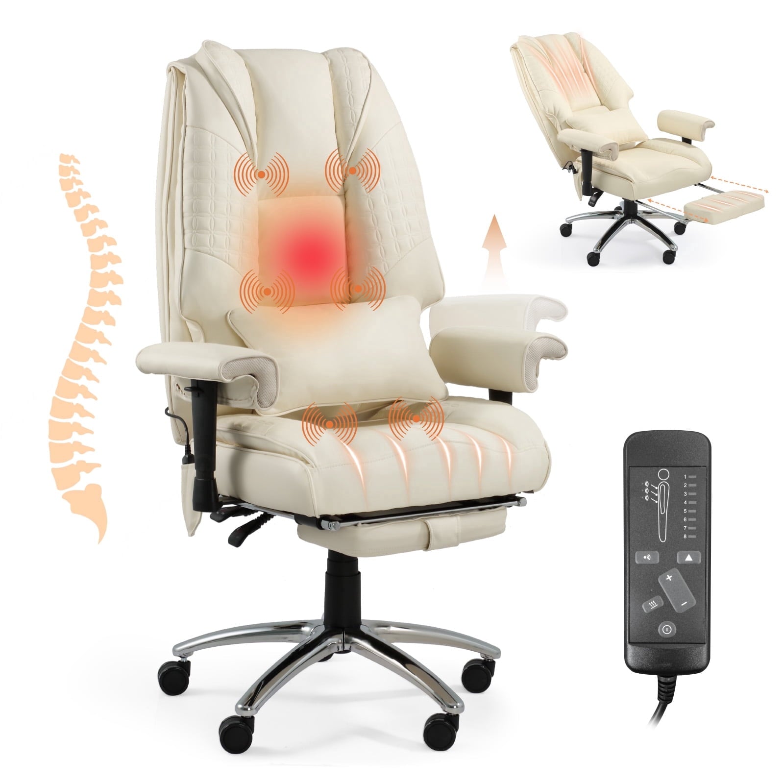 Massage & Heated Office Chair with Foot Rest, Ergonomic Executive Office Chair with Reclining Backrest, Adjustable Arms and Lumbar Support, High Back Leather Desk Chairs for Home Office, Beige