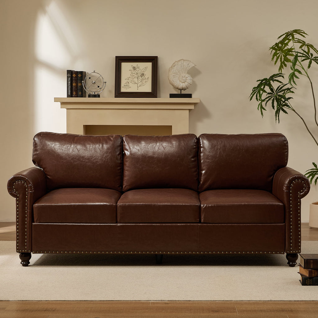 Me'on 80'' Faux Leather Sofa with Storage Seats, Classic 3-Seater Couch with Nailhead Trim, Easy Assembly, Dark Brown
