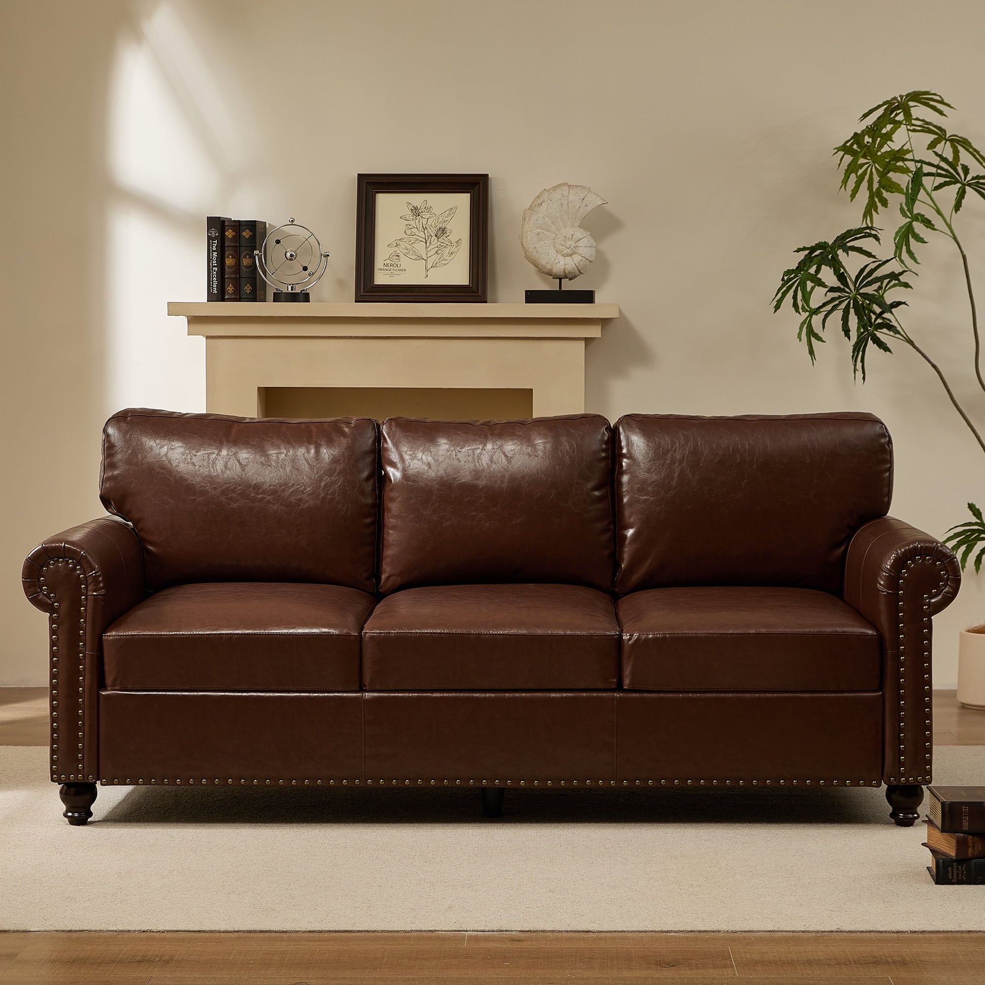 Me'on 80'' Faux Leather Sofa with Storage Seats, Classic 3-Seater Couch with Nailhead Trim, Easy Assembly, Dark Brown