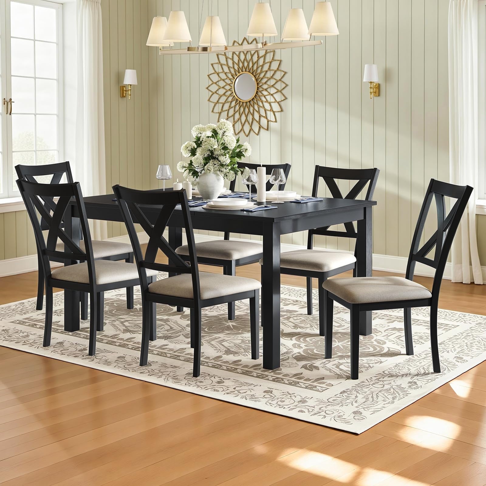 Merluxy 7-Piece Solid Wood Dining Table Set, 60 Farmhouse Dining Table with 6 Chairs, Dining Table Set for 6, Kitchen & Dining Room, Rustic Cream