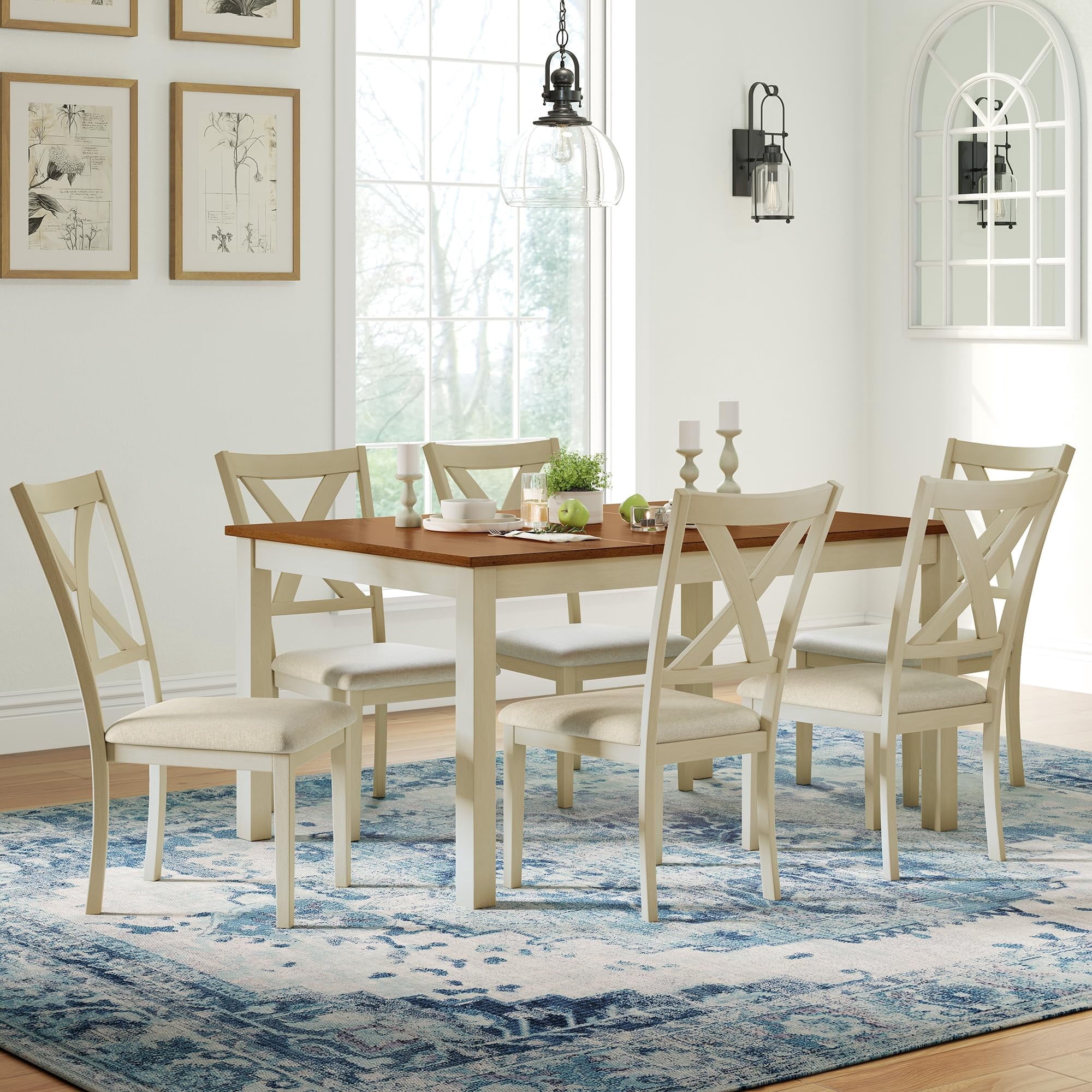 Merluxy 7-Piece Solid Wood Dining Table Set, 60 Farmhouse Dining Table with 6 Chairs, Dining Table Set for 6, Kitchen & Dining Room, Rustic Cream