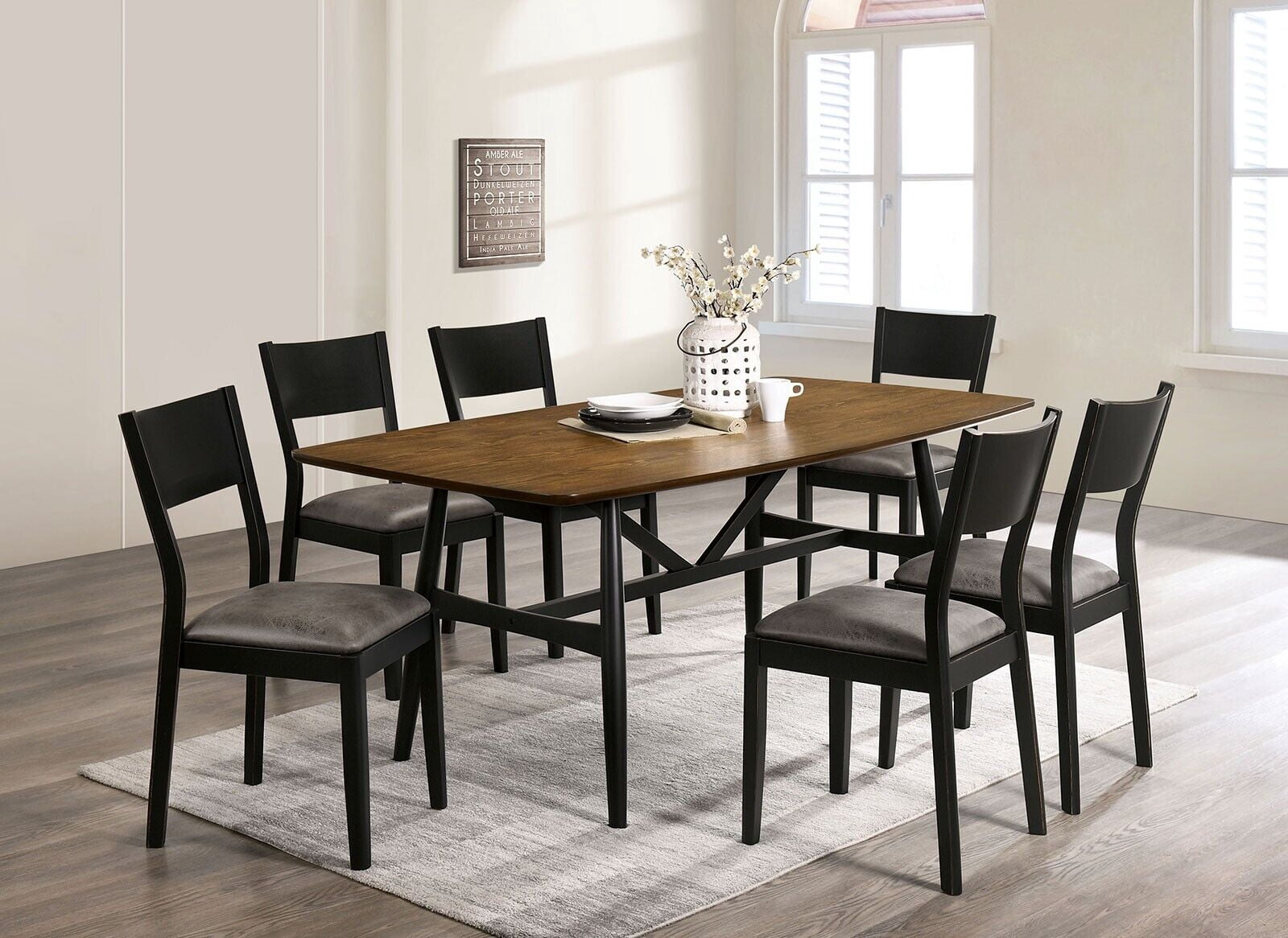 Mid-Century Modern Dining Room 7pc Dining Set Dining Table 6x Side Chairs Leatherette Seat Chair Furniture Antique Oak, Black