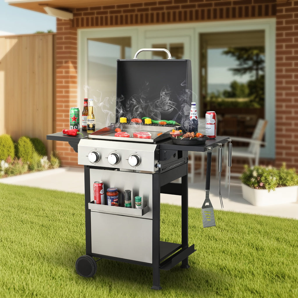 Mintazer 3-Burner Propane Gas Grill with Foldable Side Tables, Stainless Steel 36900BTU BBQ Grill with Iron Cooking Grids, Hooks & Hanging Basket for Outdoor Barbecue
