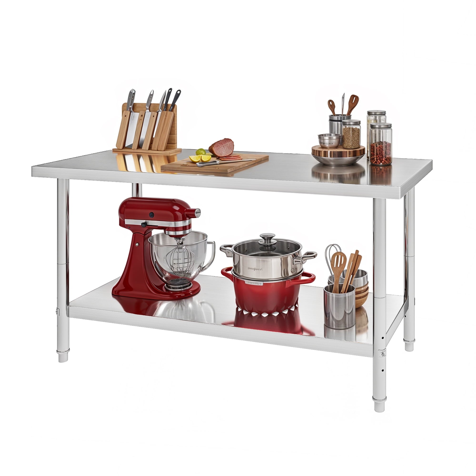 ModFusion 60x24 Heavy-Duty Stainless Steel Workbench with Adjustable Kitchen Rack, 5'x2'x2.8' ft Metal Prep Detailing Table, Home Steel Shelving, Utility Tools