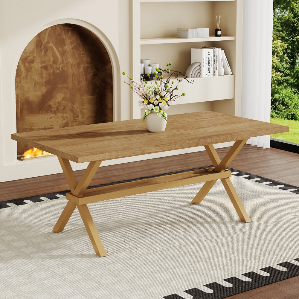 Modern 71 Wood Dining Table, Light Wood Grain MDF Top with X-Shaped Metal Legs, Seats 6-8 People, for Kitchen & Dining Room