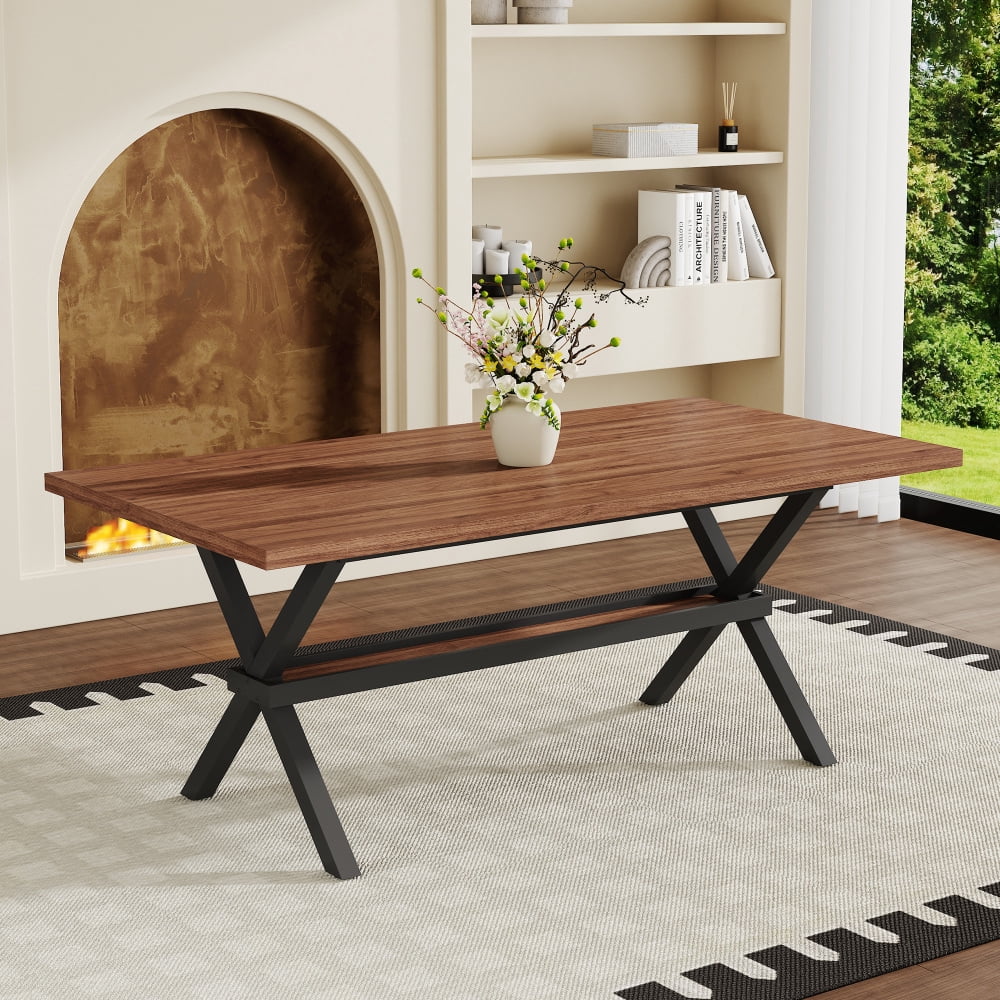 Modern 71 Wood Dining Table, Light Wood Grain MDF Top with X-Shaped Metal Legs, Seats 6-8 People, for Kitchen & Dining Room