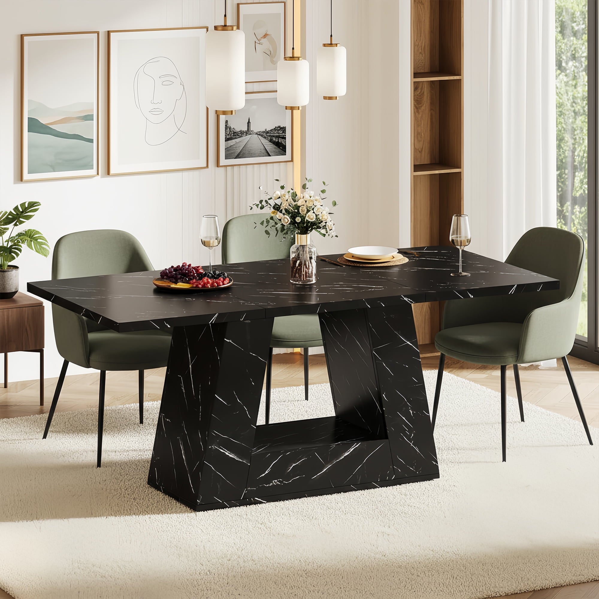 Modern Faux Marble Dining Table, 63 Rectangular 4-6 Seater Wood Table with Sturdy Base, Kitchen Living Room Dinner Table