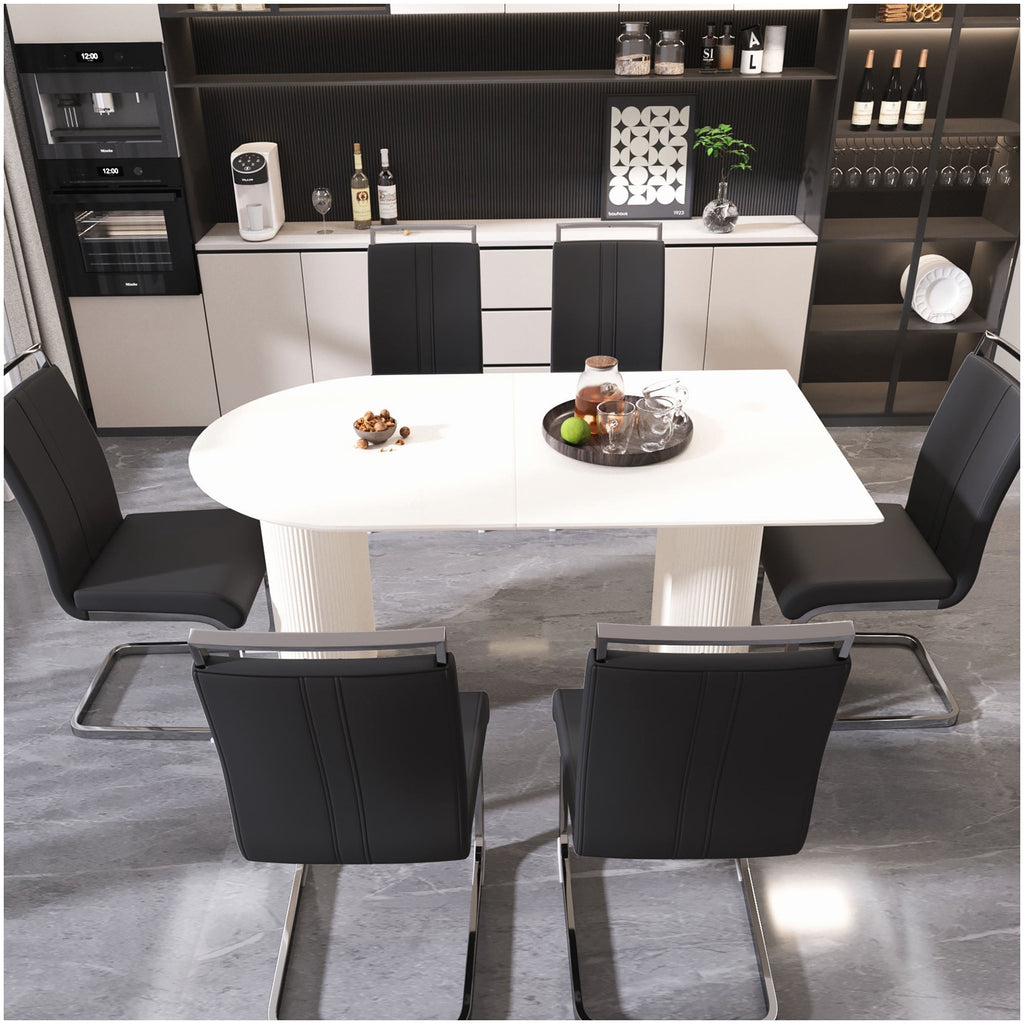 Modern Farmhouse Dining Set, 7-PC Cream Table & Black PU Chair Combo, Silver Metal Base, for Kitchen & Dining Room