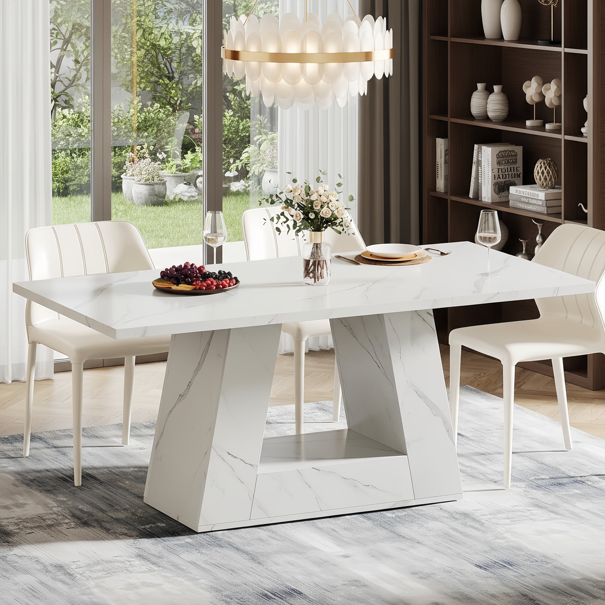 Modern Faux Marble Dining Table, 63 Rectangular 4-6 Seater Wood Table with Sturdy Base, Kitchen Living Room Dinner Table