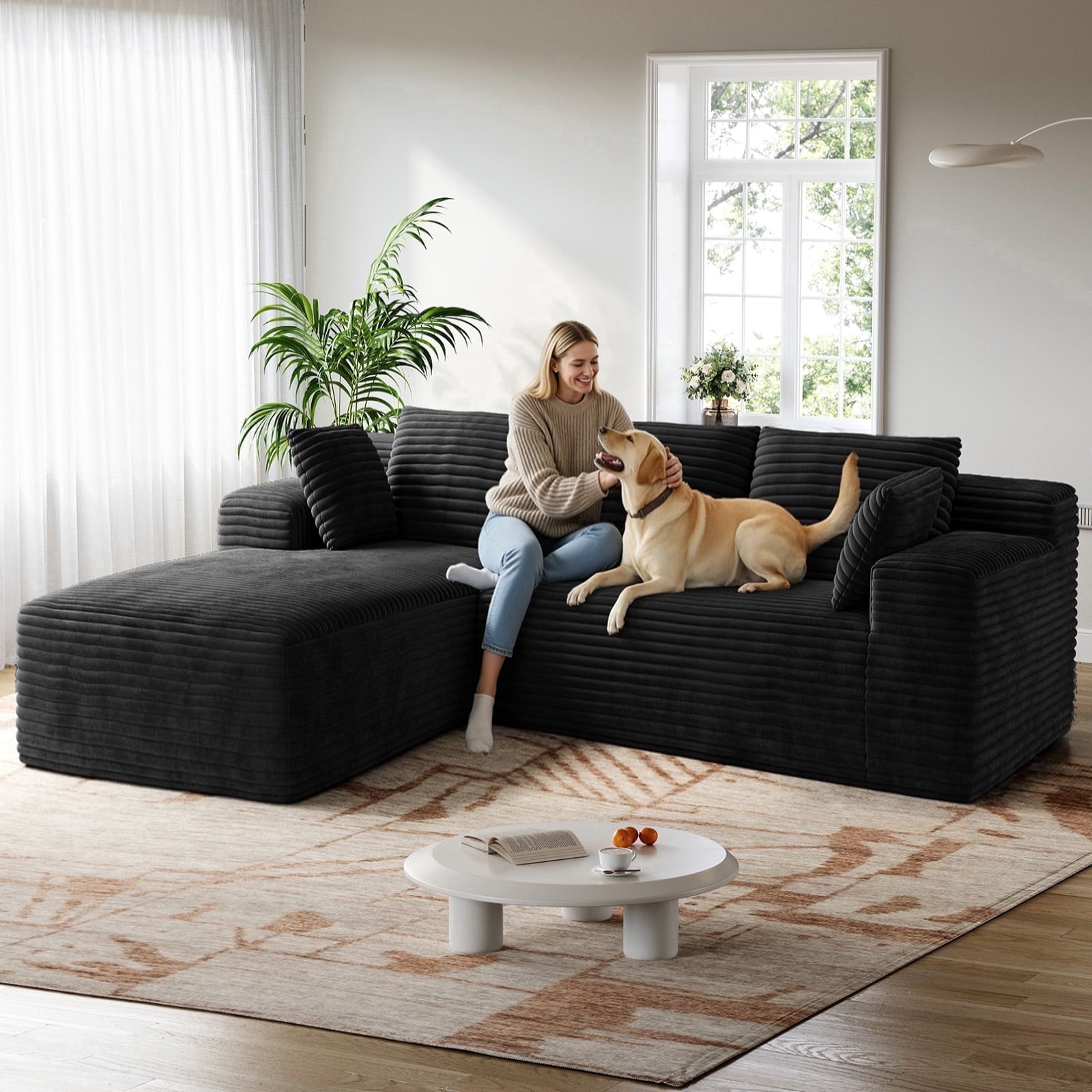 Patbrela 106 Sectional Couch for Living Room, L-Shaped Boneless Cloud Couch Corduroy Modern Sectional Sofa with Deep Seat and Thickened Cushion, No Assembly Required, Black