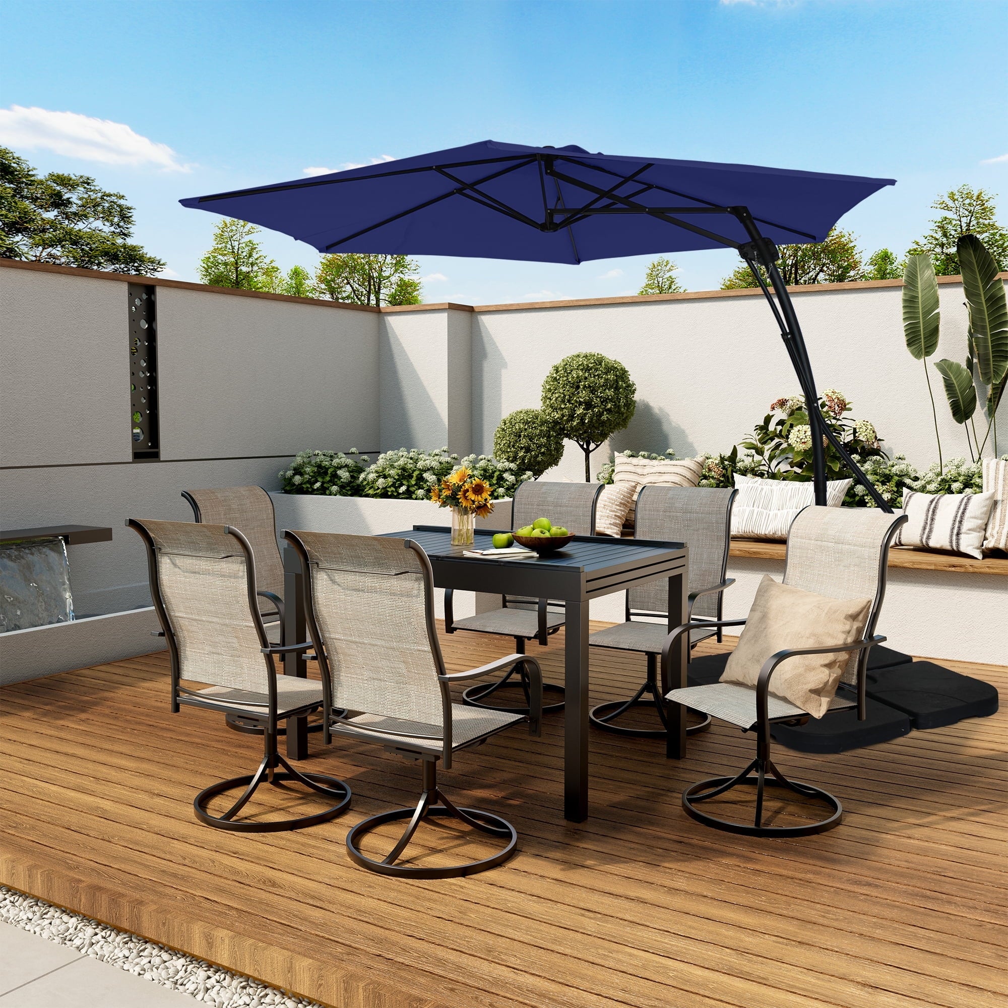 Mondawe 10ft Heavy Duty Solar Patio Umbrella with Base Included, 360° Rotation, 24 LED Lights, Outdoor Hanging Offset Cantilever Market Sun Shade Umbrella, Beige