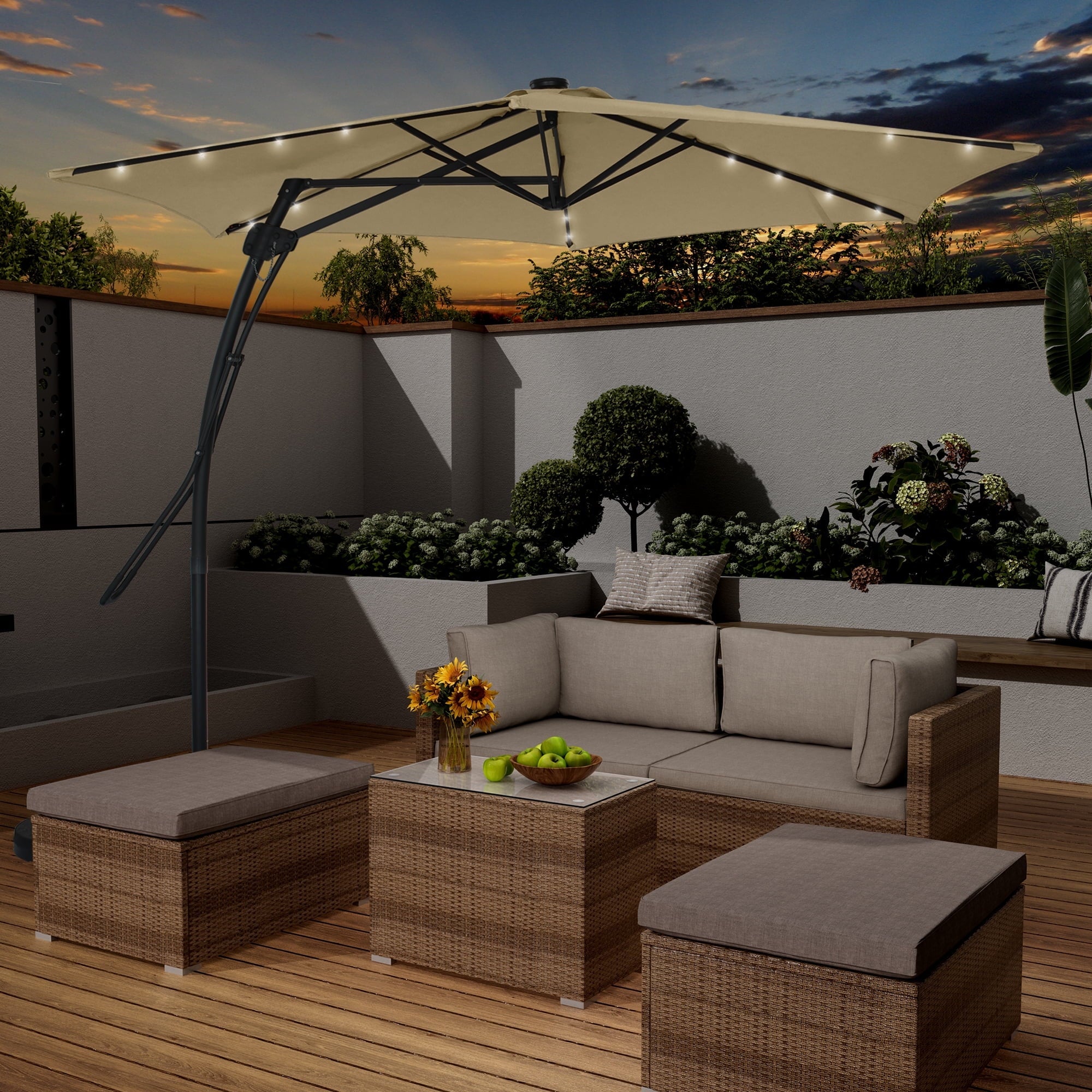 Mondawe 10ft Heavy Duty Solar Patio Umbrella with Base Included, 360° Rotation, 24 LED Lights, Outdoor Hanging Offset Cantilever Market Sun Shade Umbrella, Beige