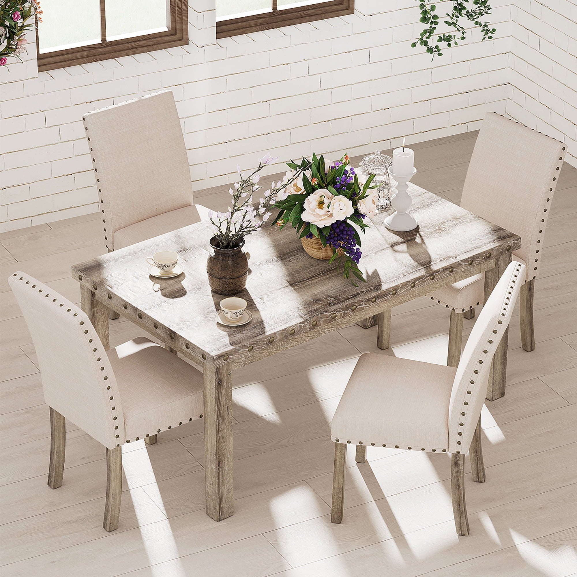 Morden Fort Farmhouse Dining Table Set for 4, Country Style Kitchen Table w/ 4 Upholstered Chairs, Rustic Vintage Dining Set for Family Meals