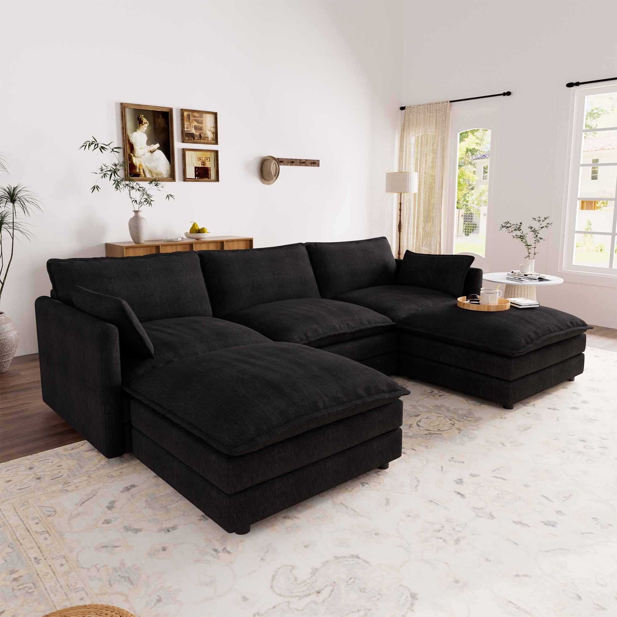 Muumblus Sectional Sofa Cloud Couch with Reversible Ottoman, L-Shaped Chenille Sofa for Living Rooms, Beige