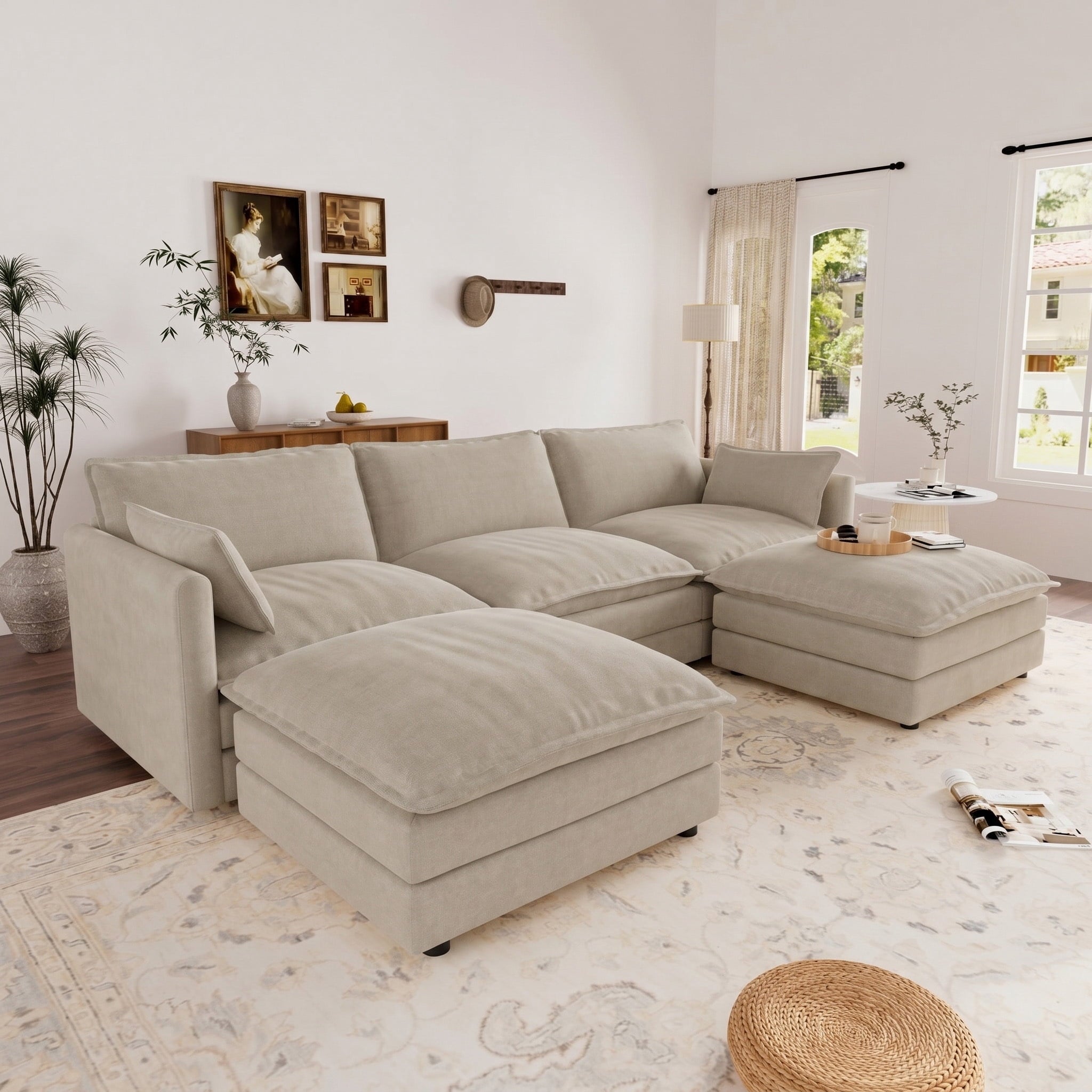 Muumblus Sectional Sofa Cloud Couch with Reversible Ottoman, L-Shaped Chenille Sofa for Living Rooms, Beige