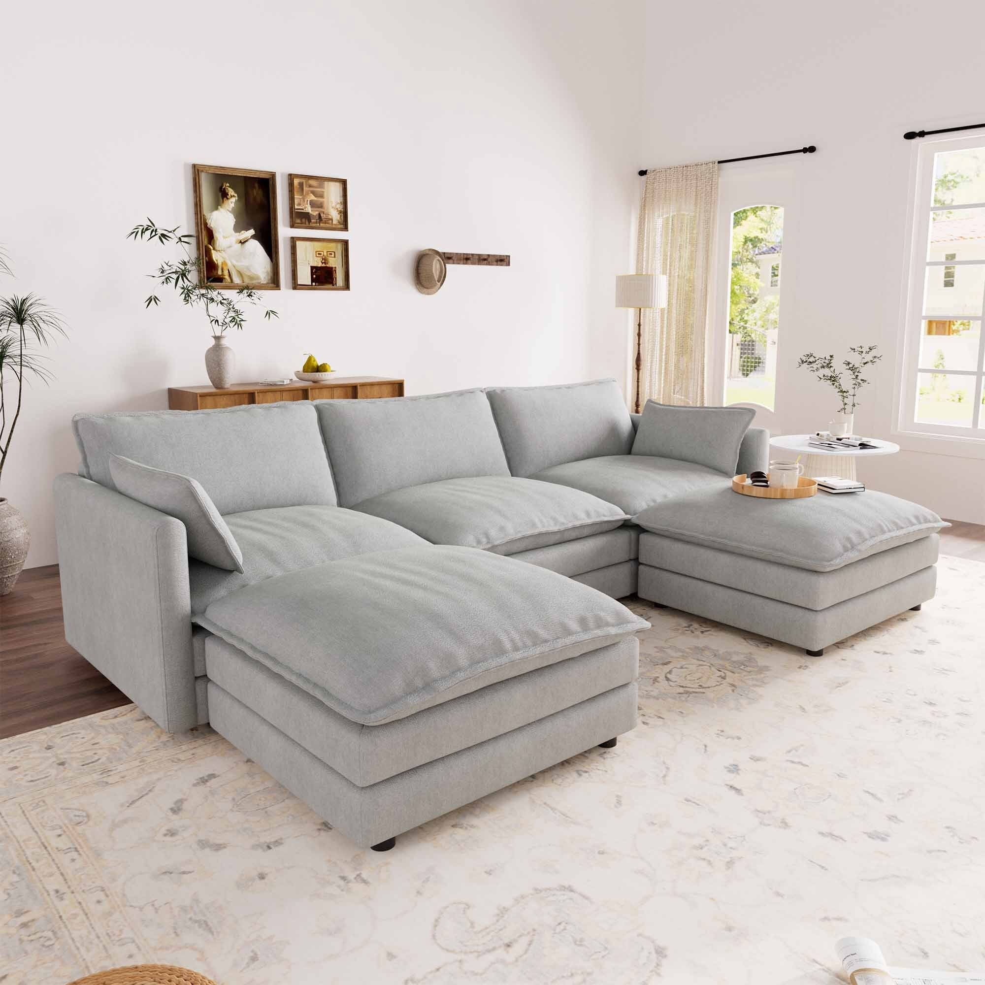 Muumblus Sectional Sofa Cloud Couch with Reversible Ottoman, L-Shaped Chenille Sofa for Living Rooms, Beige