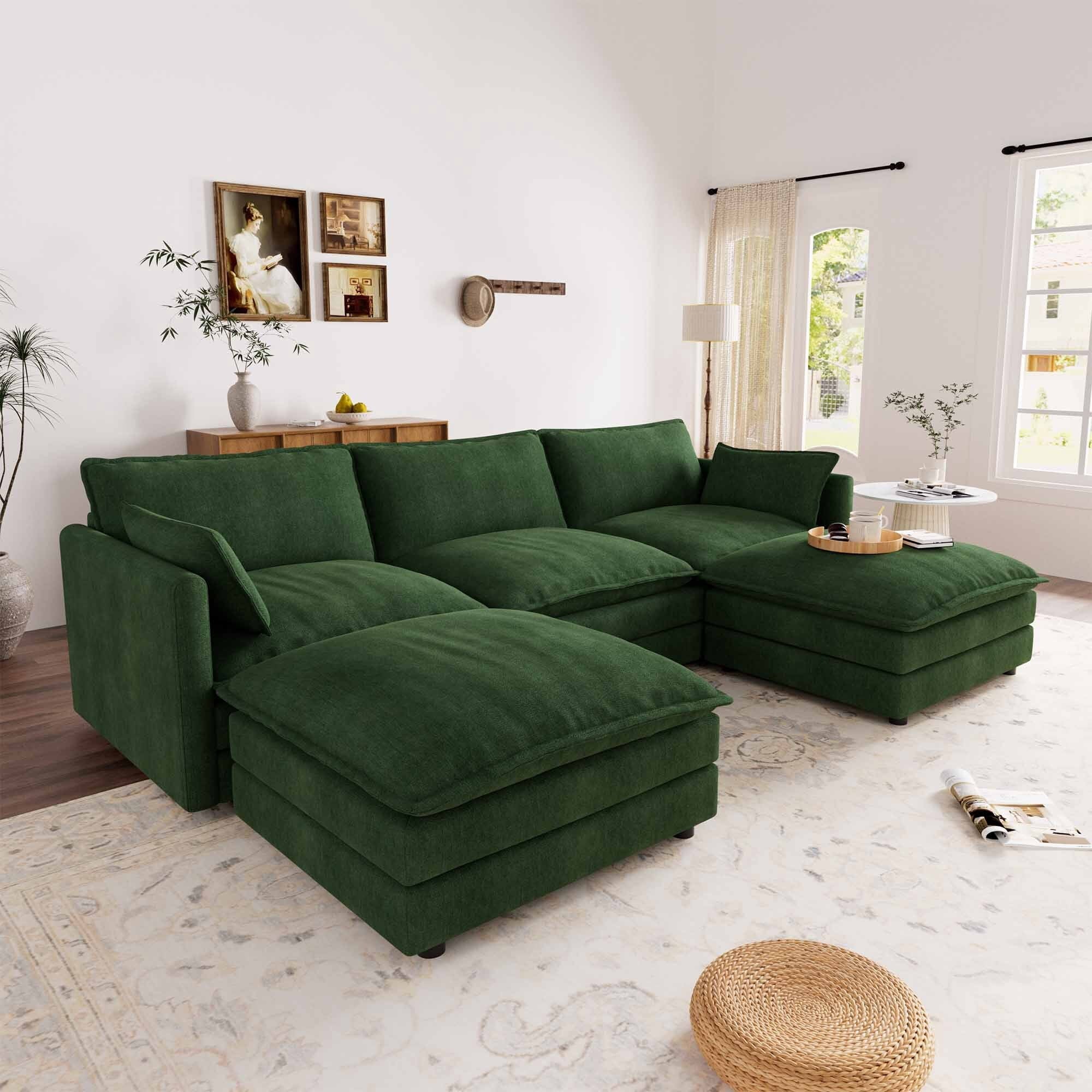 Muumblus Sectional Sofa Cloud Couch with Reversible Ottoman, L-Shaped Chenille Sofa for Living Rooms, Beige
