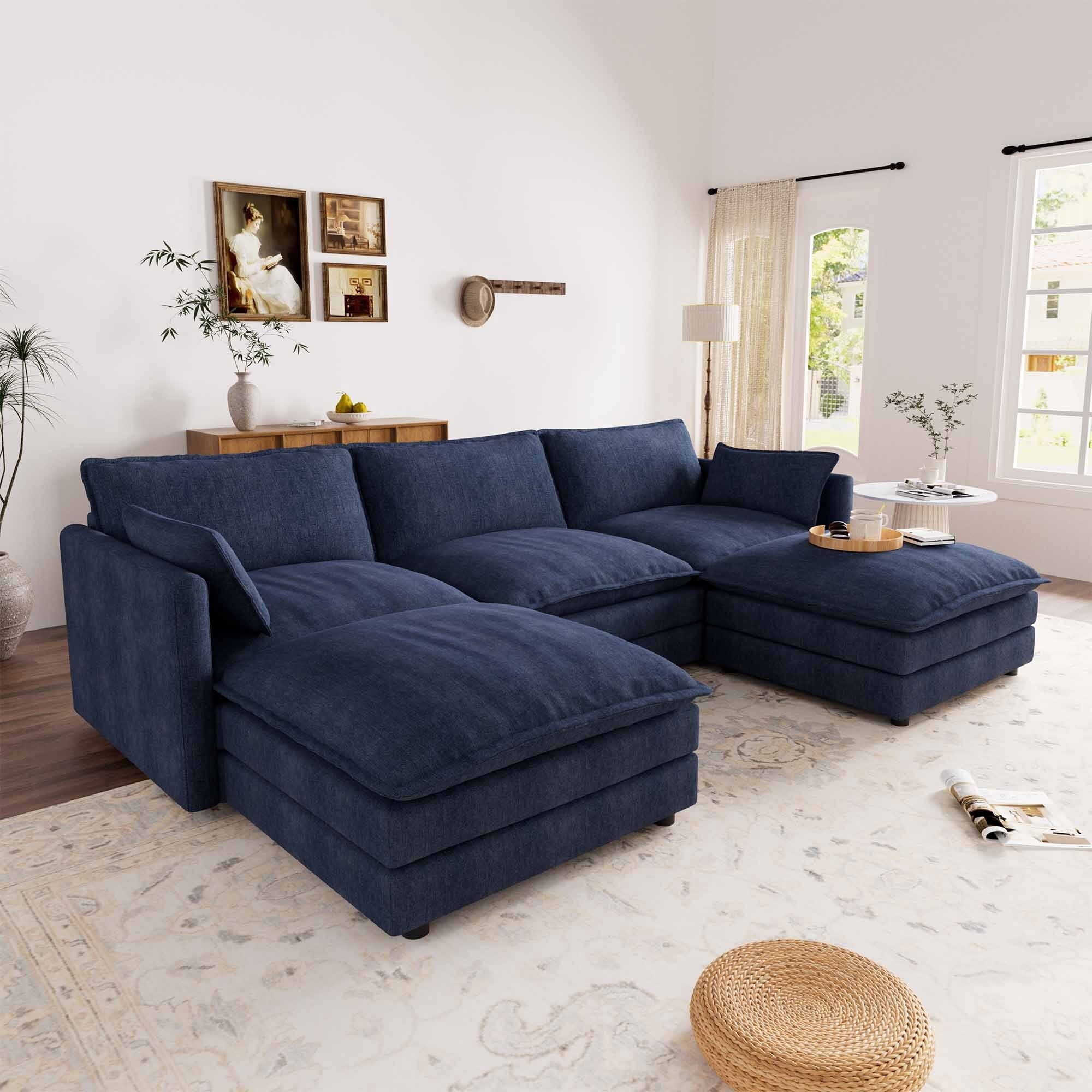Muumblus Sectional Sofa Cloud Couch with Reversible Ottoman, L-Shaped Chenille Sofa for Living Rooms, Beige