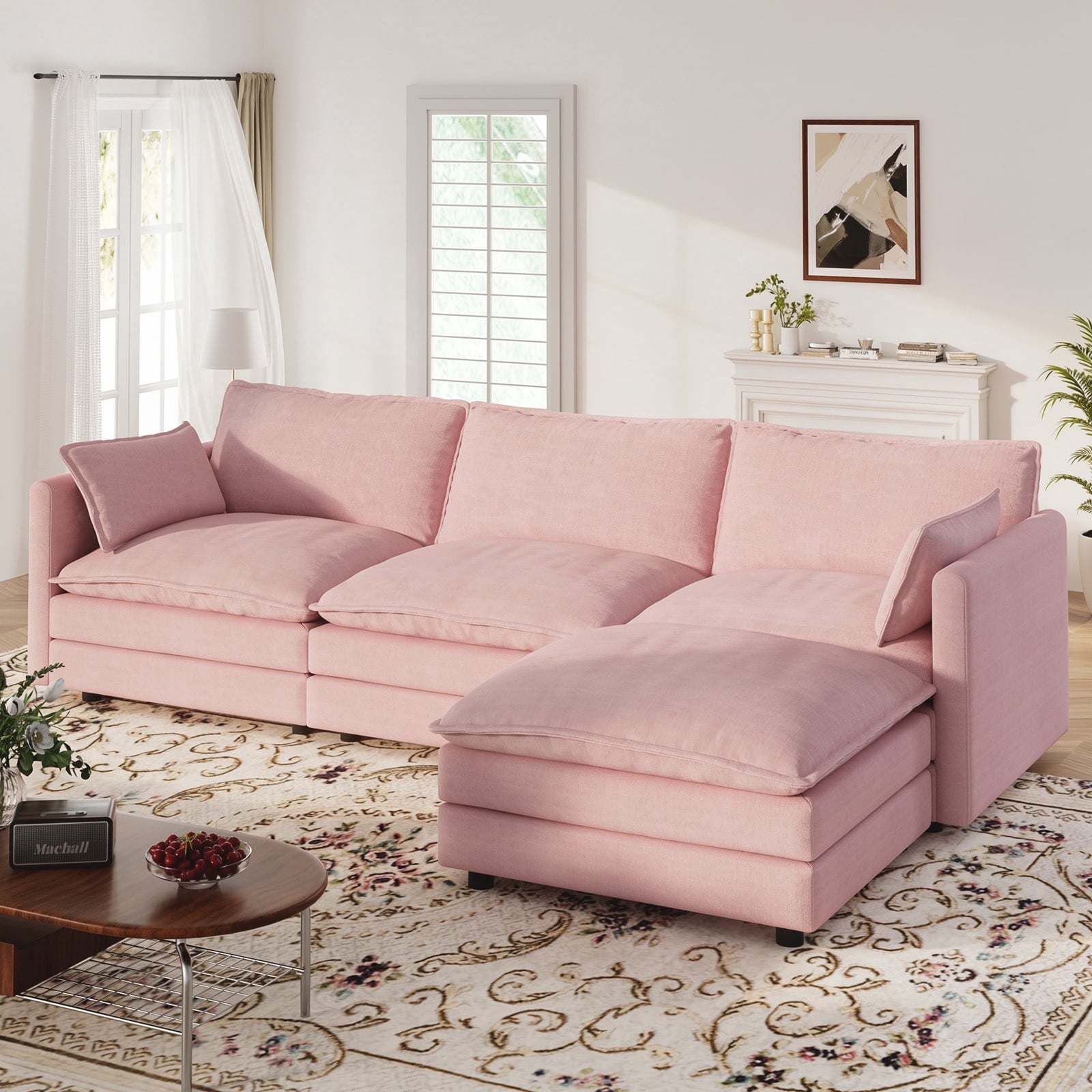 Muumblus Sectional Sofa Cloud Couch with Reversible Ottoman, L-Shaped Chenille Sofa for Living Rooms, Beige