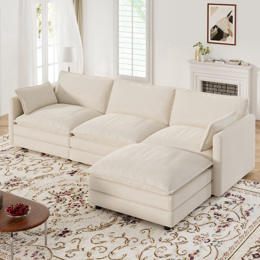 Muumblus Sectional Sofa Cloud Couch with Reversible Ottoman, L-Shaped Chenille Sofa for Living Rooms, Beige
