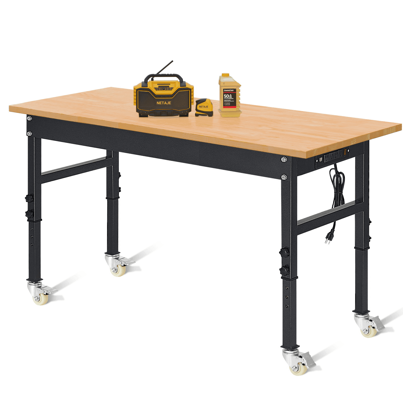 NETAJE 60 Heavy-Duty Work Bench Adjustable Workbench Work Table 2000 lb Load Capacity w/ Power Outlets for Garage, Workshop, Workstation