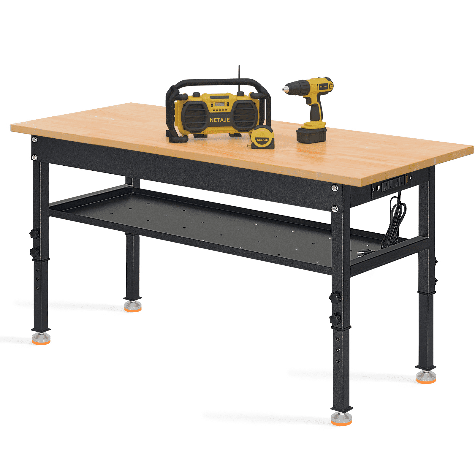 NETAJE 60 Heavy-Duty Work Bench Adjustable Workbench Work Table 2000 lb Load Capacity w/ Power Outlets for Garage, Workshop, Workstation