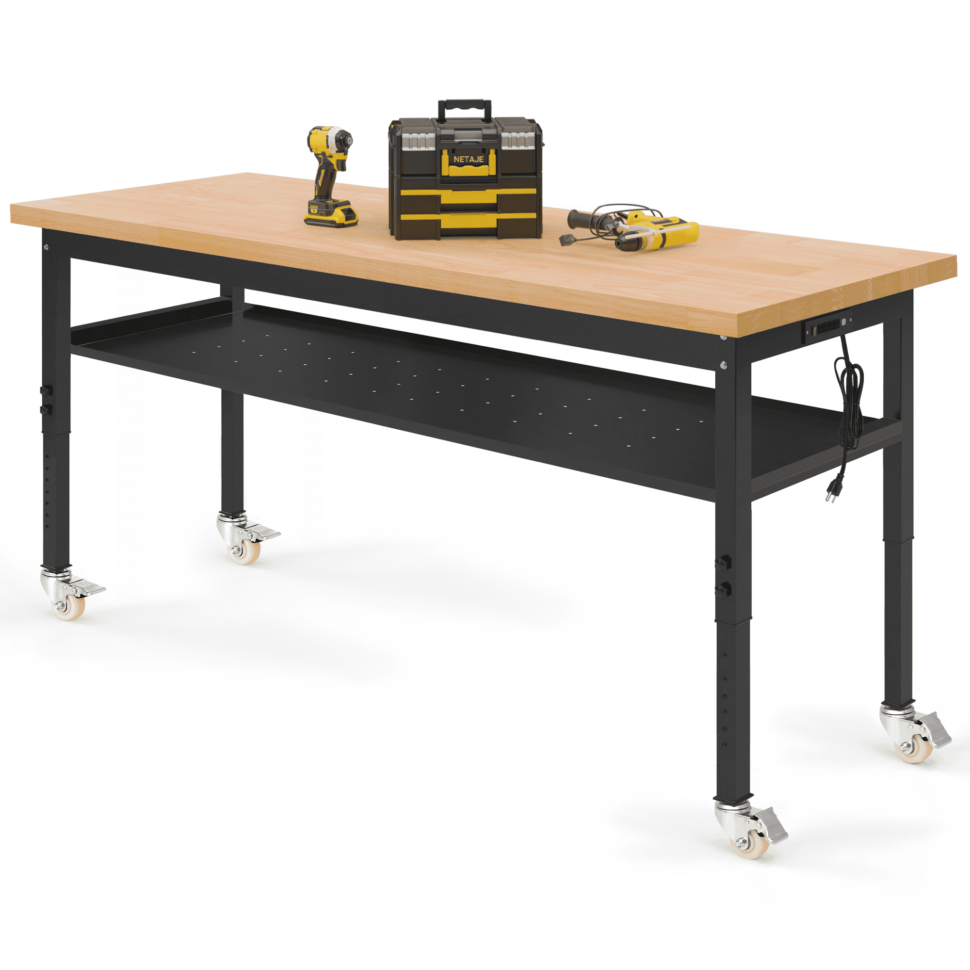 NETAJE 60 Heavy-Duty Work Bench Adjustable Workbench Work Table 2000 lb Load Capacity w/ Power Outlets for Garage, Workshop, Workstation