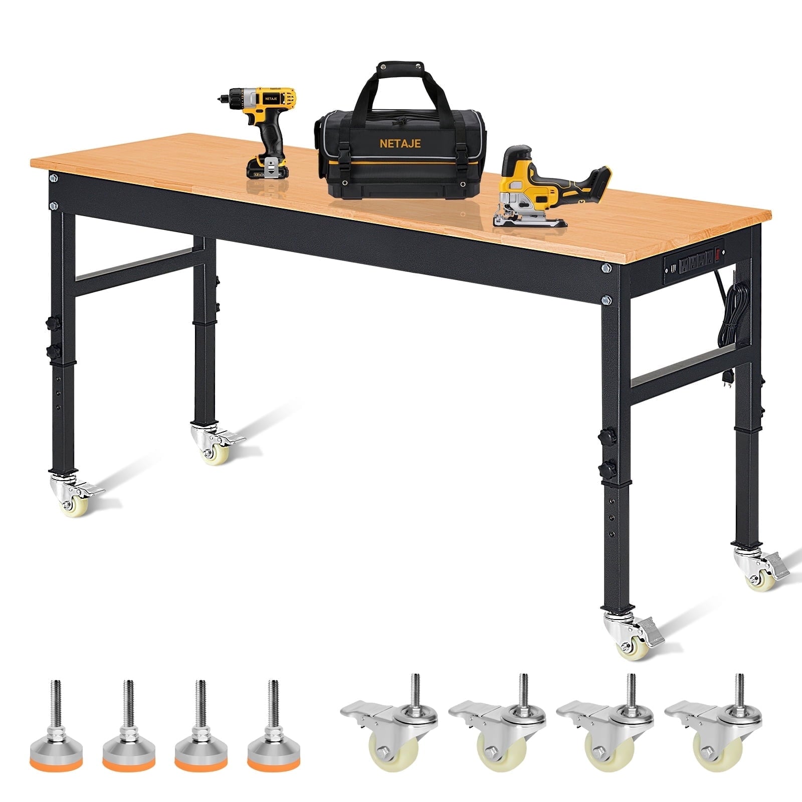 NETAJE 60 Heavy-Duty Work Bench Adjustable Workbench Work Table 2000 lb Load Capacity w/ Power Outlets for Garage, Workshop, Workstation