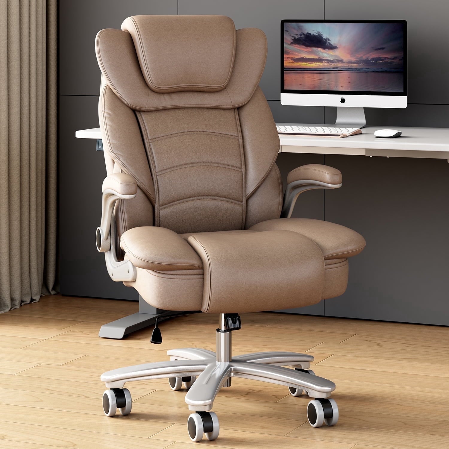 Ninecer Big and Tall Office Chair 400lb Wide Seat, Ergonomic High Back Leather Executive Desk Chair, Computer Chair with Flip-up Arms, Black